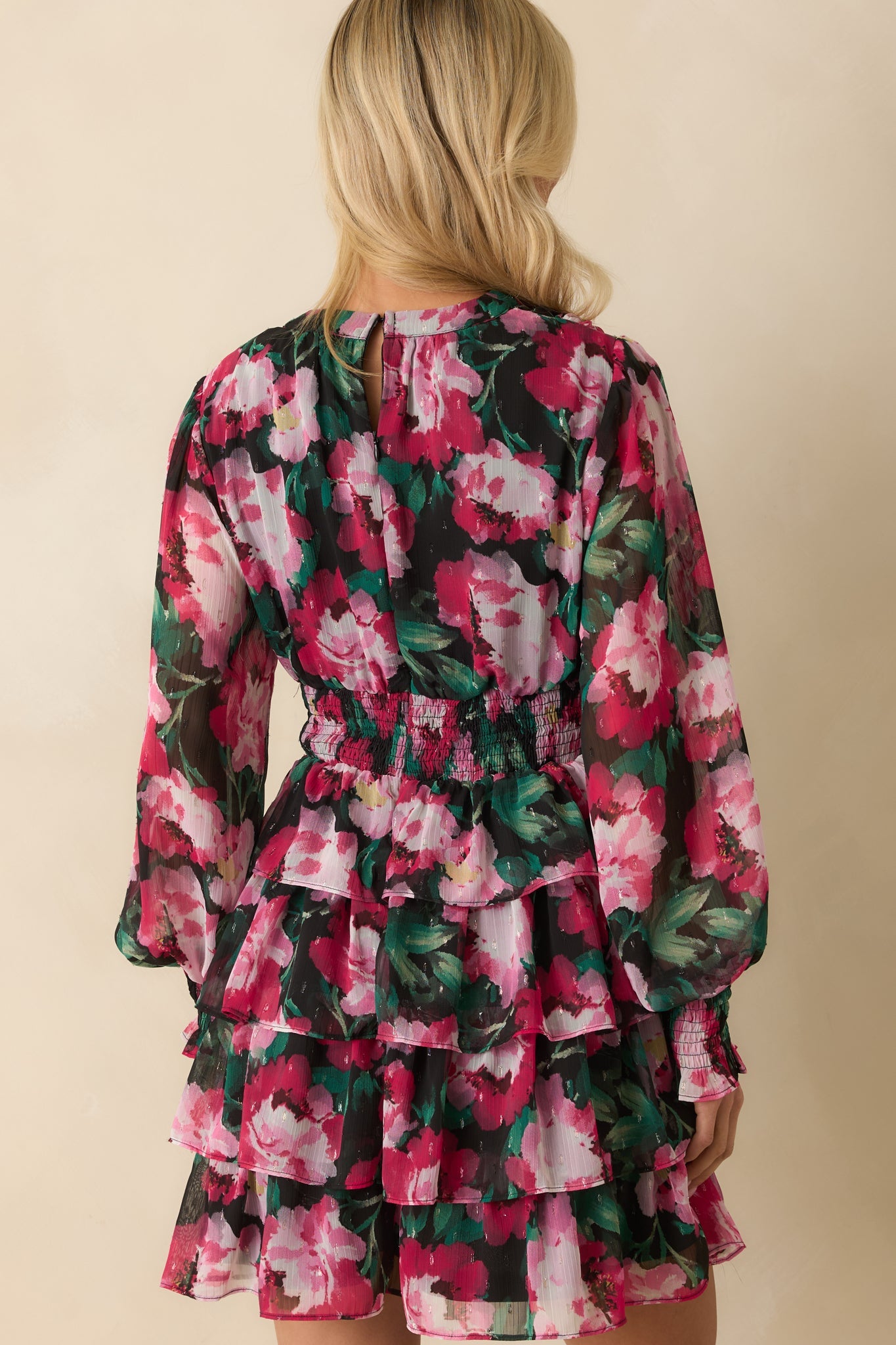 Let's Be Real Pink Floral Print Chiffon Tiered Mini Dress