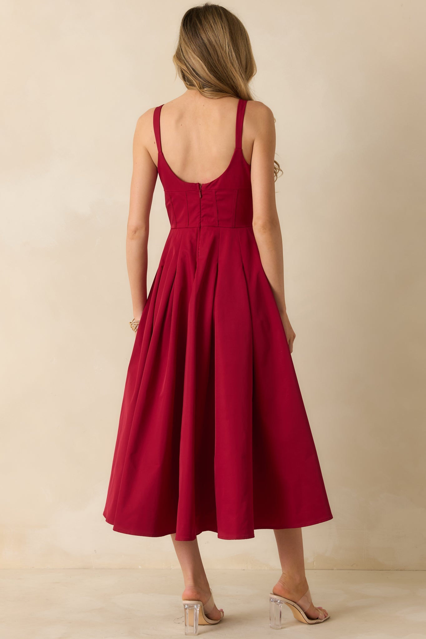 The Spotlight Is Yours Red Pleated Midi Dress