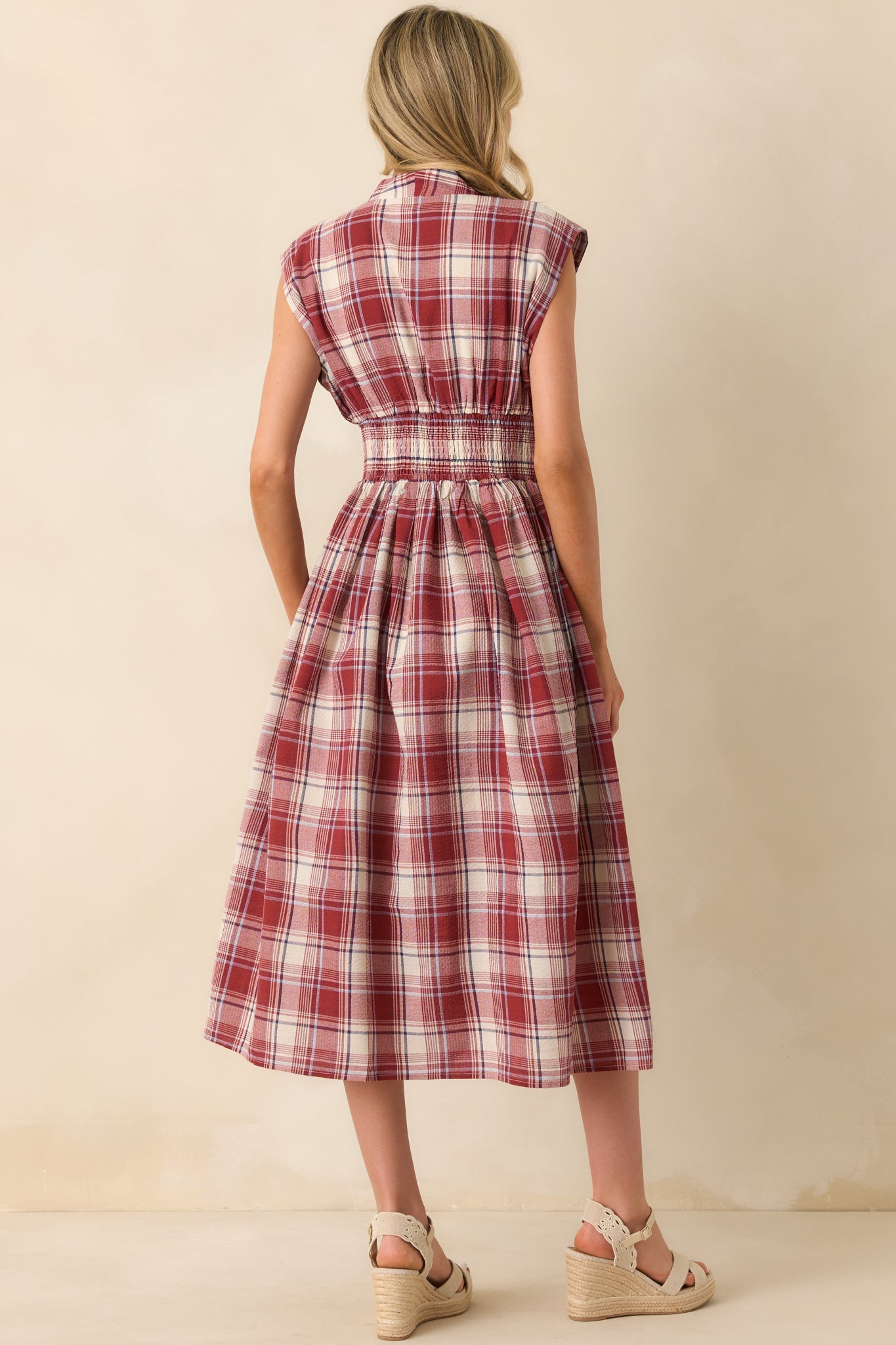 The Evette Red Tartan Plaid Cotton Zip Front Midi Dress
