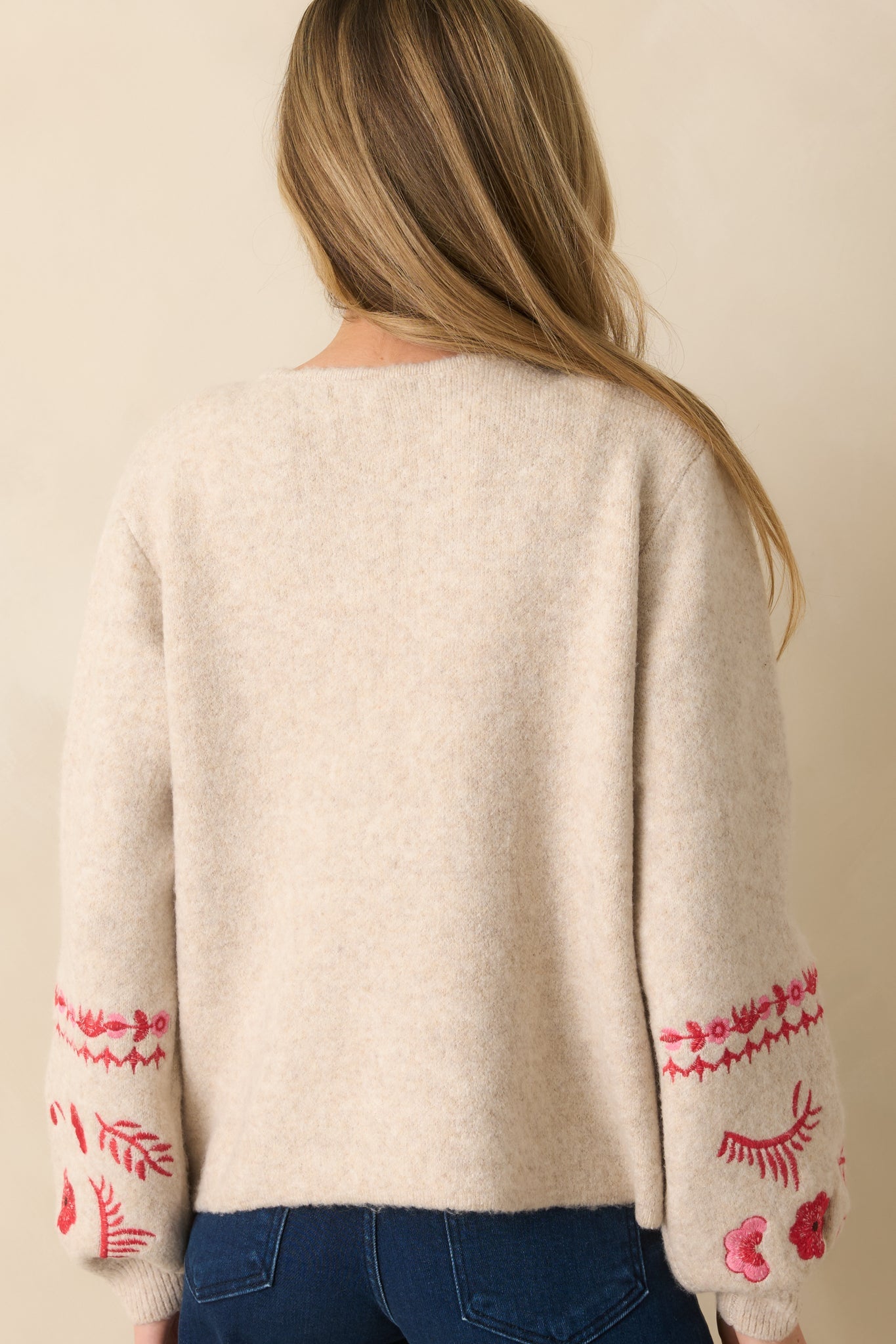 Carefully Considered Oatmeal Floral Embroidered Single Clasp Cardigan
