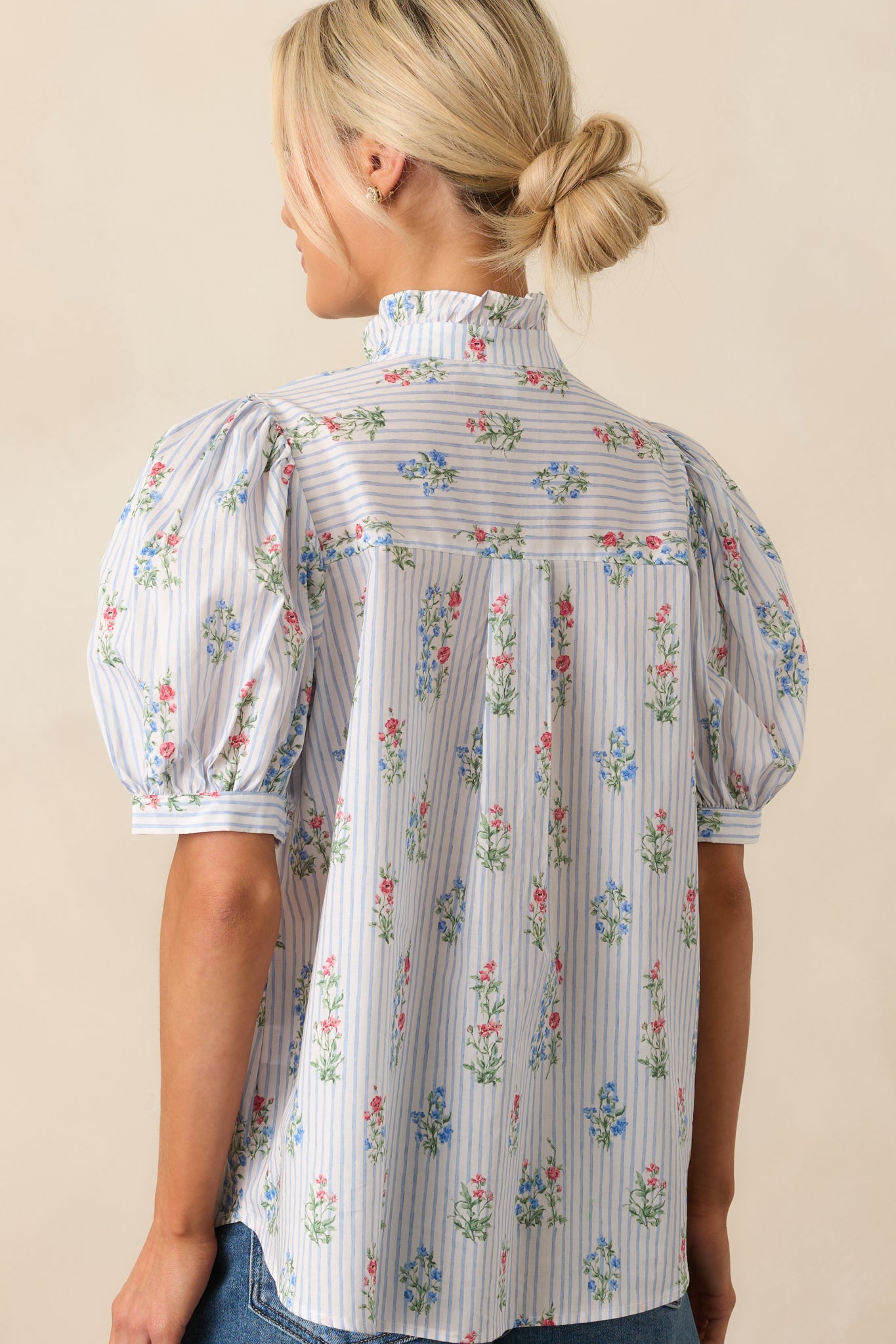 Things Happen Light Blue Stripe Floral Cotton Button Front Top