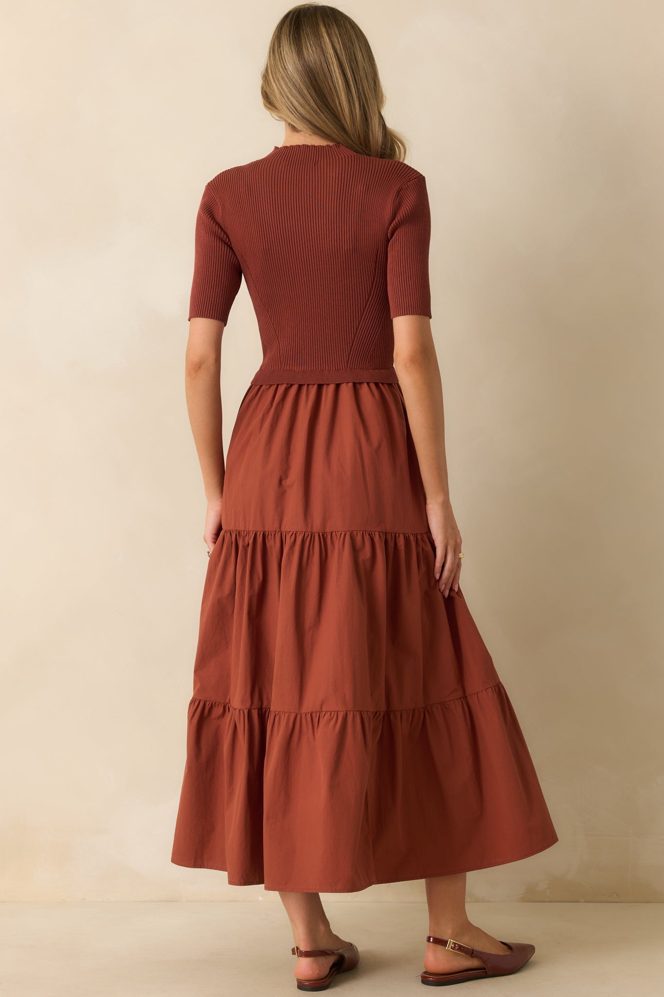 Keep Talking Rust Red Cotton Knit Bodice Short Sleeve Maxi Dress