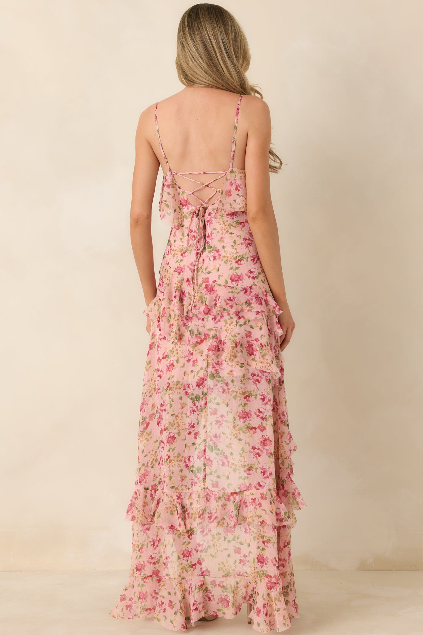 Keep Me Twirling Blush Pink Multi Floral Ruffle Asymmetrical Maxi Dress