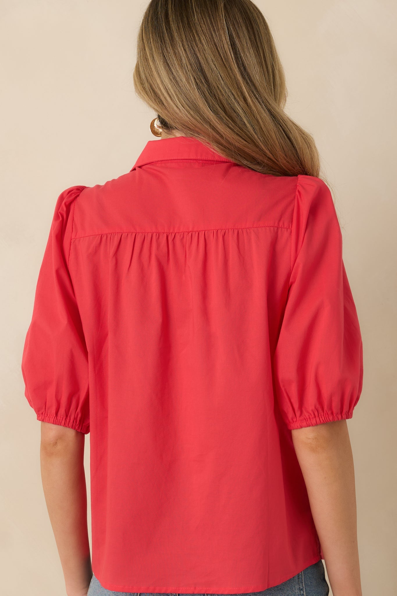 Precious As You Watermelon Red Cotton Puff Sleeve Smocked Button Up Blouse