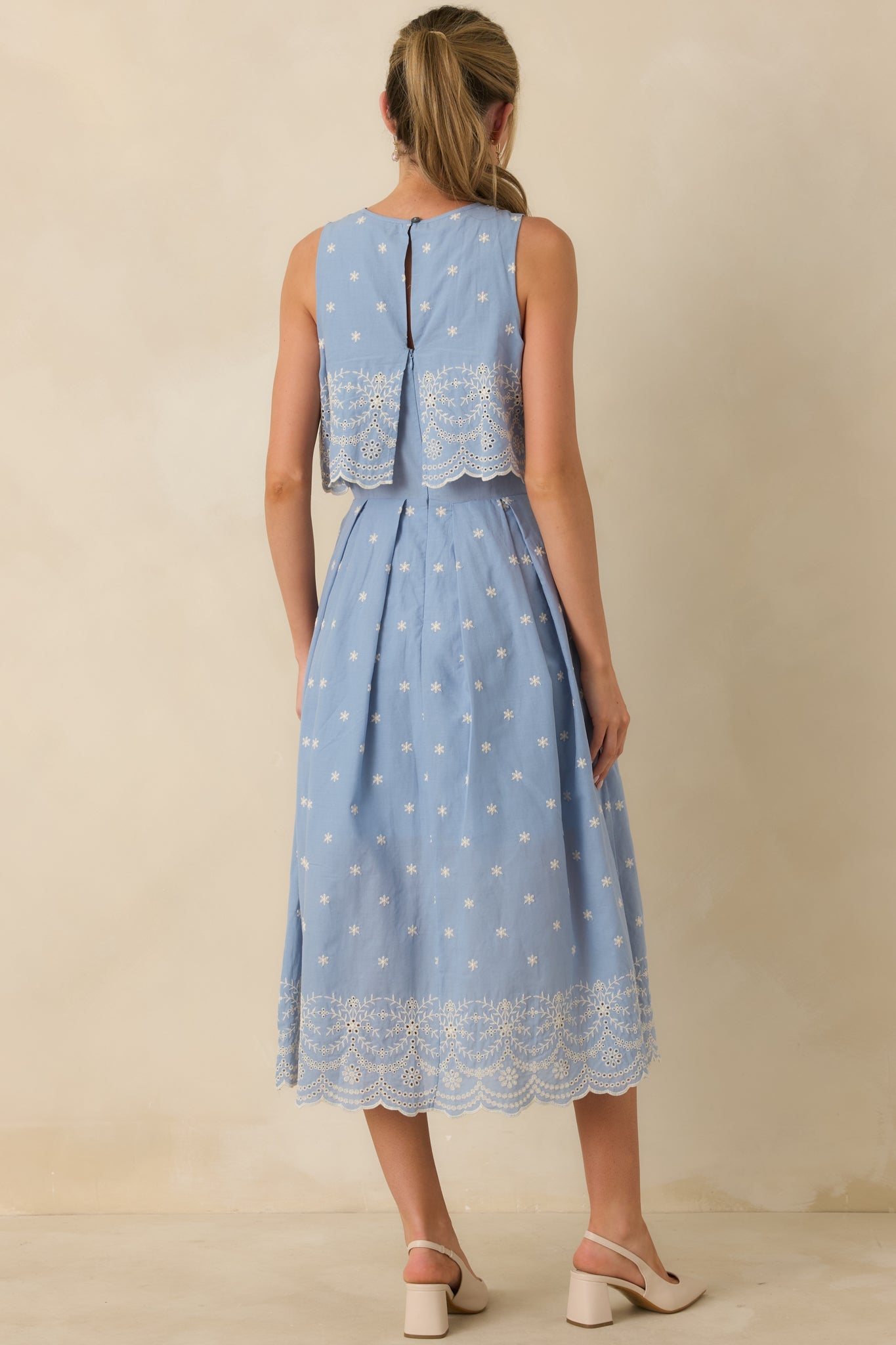 Right Here Waiting Light Blue Cotton Scallop Lace Embroidered Midi Dress
