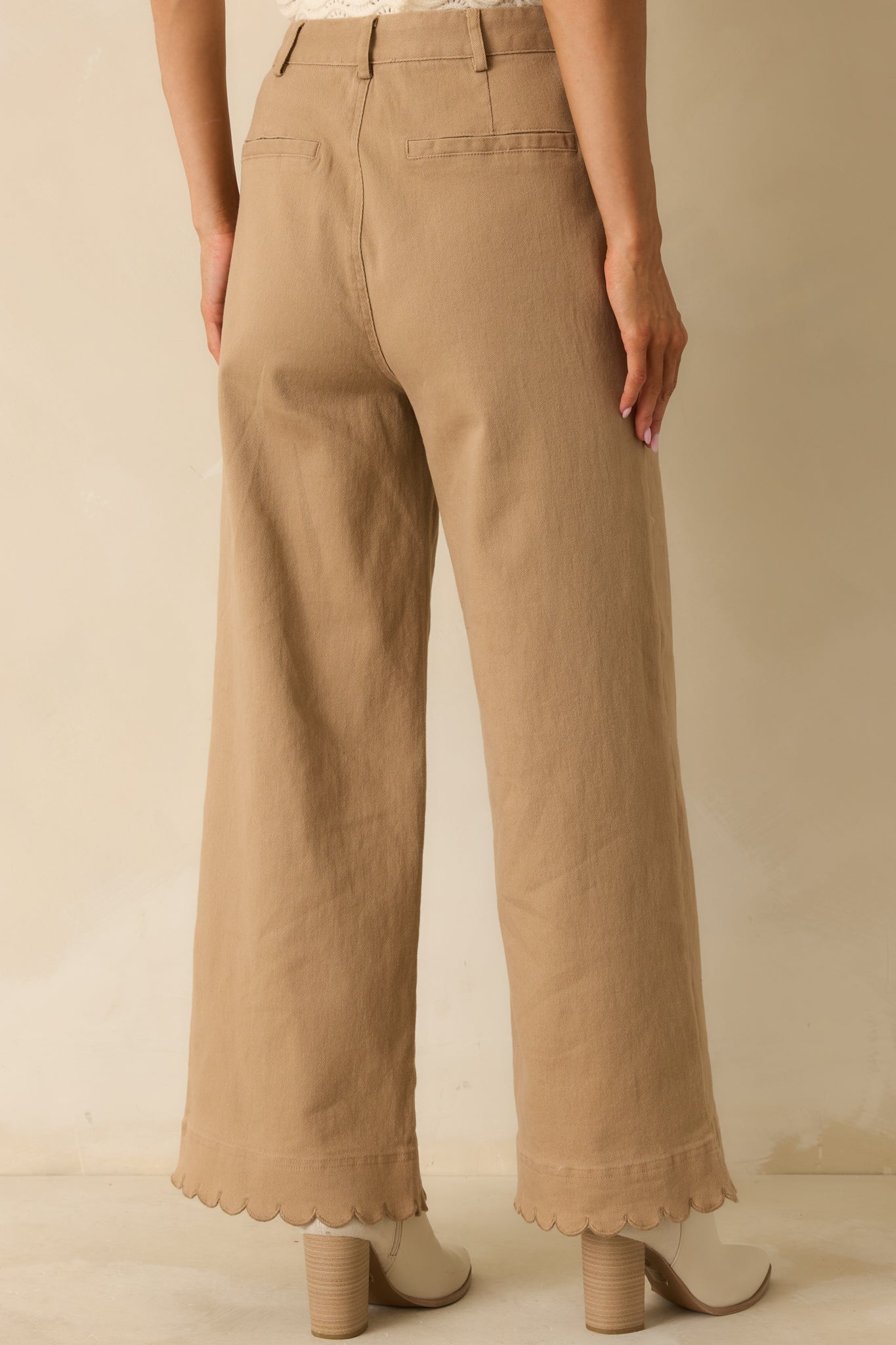 Set For The Day Camel Cotton Scalloped Wide Leg Pants