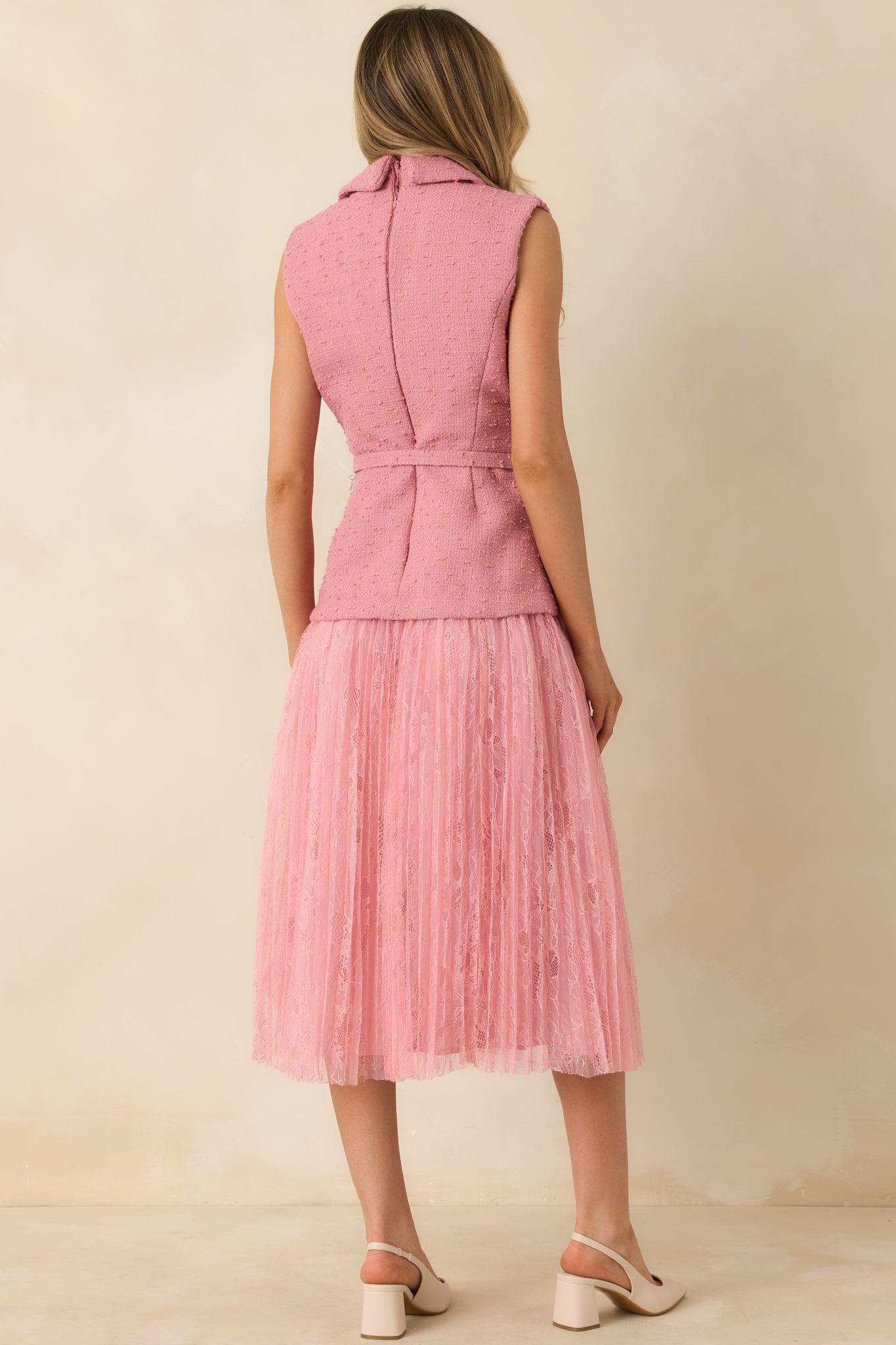 Caught You Smiling Rose Pink Textured Woven Belted Lace Midi Dress