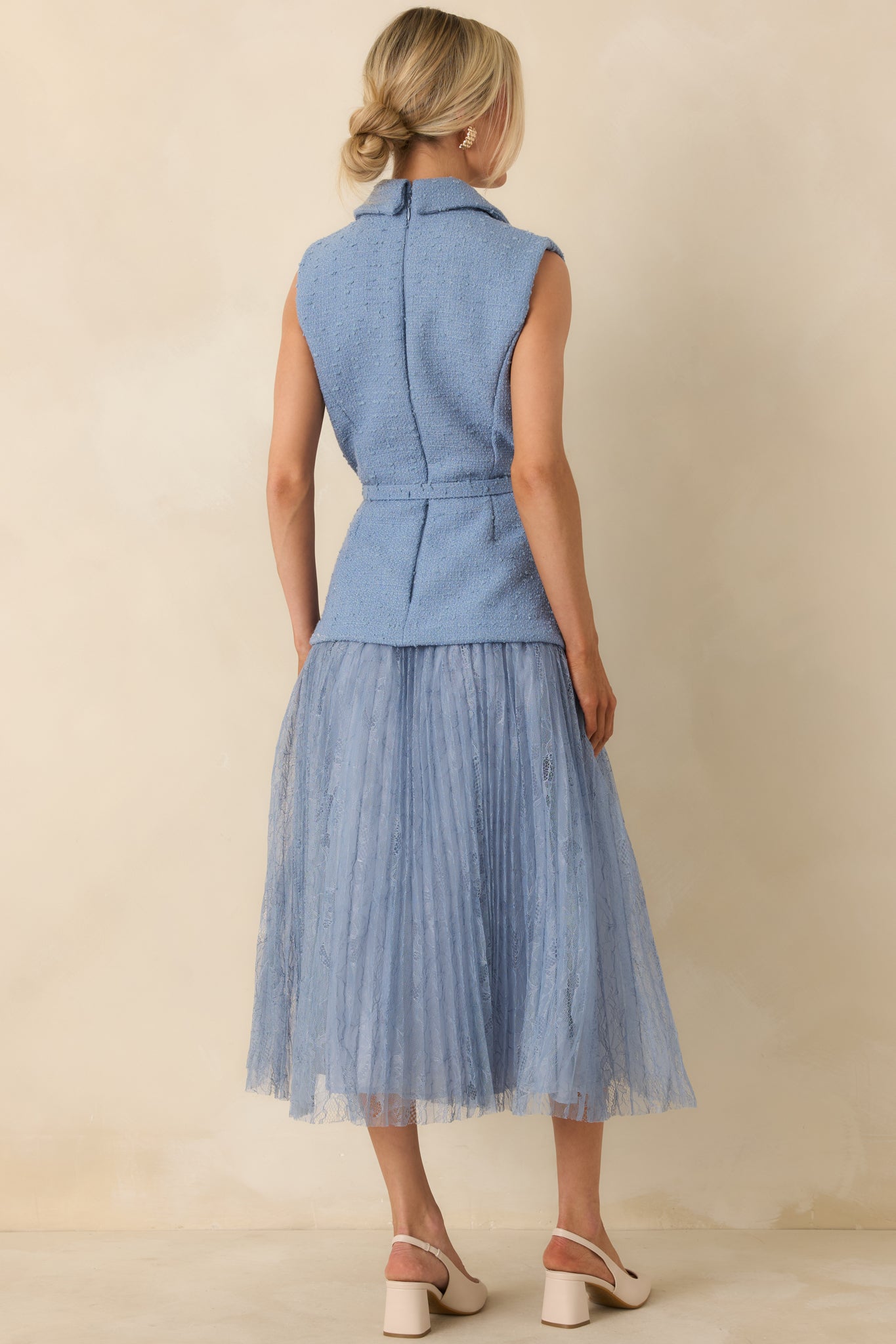 Caught You Smiling Cornflower Blue Textured Woven Belted Lace Midi Dress