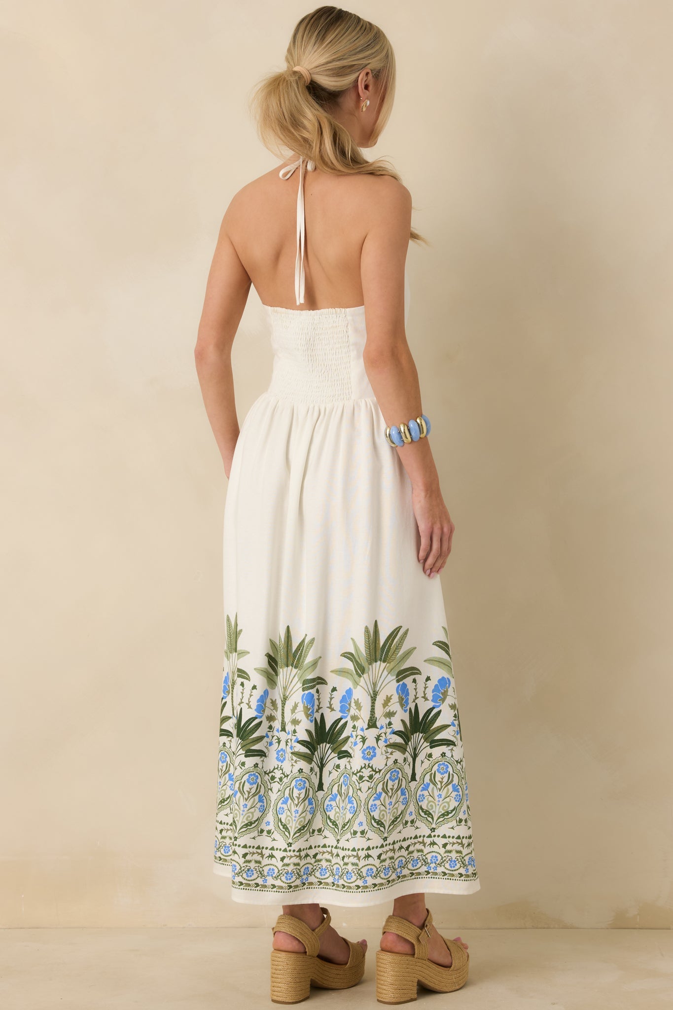 Palm Villa Ivory Multi Floral & Palm Halter Midi Dress