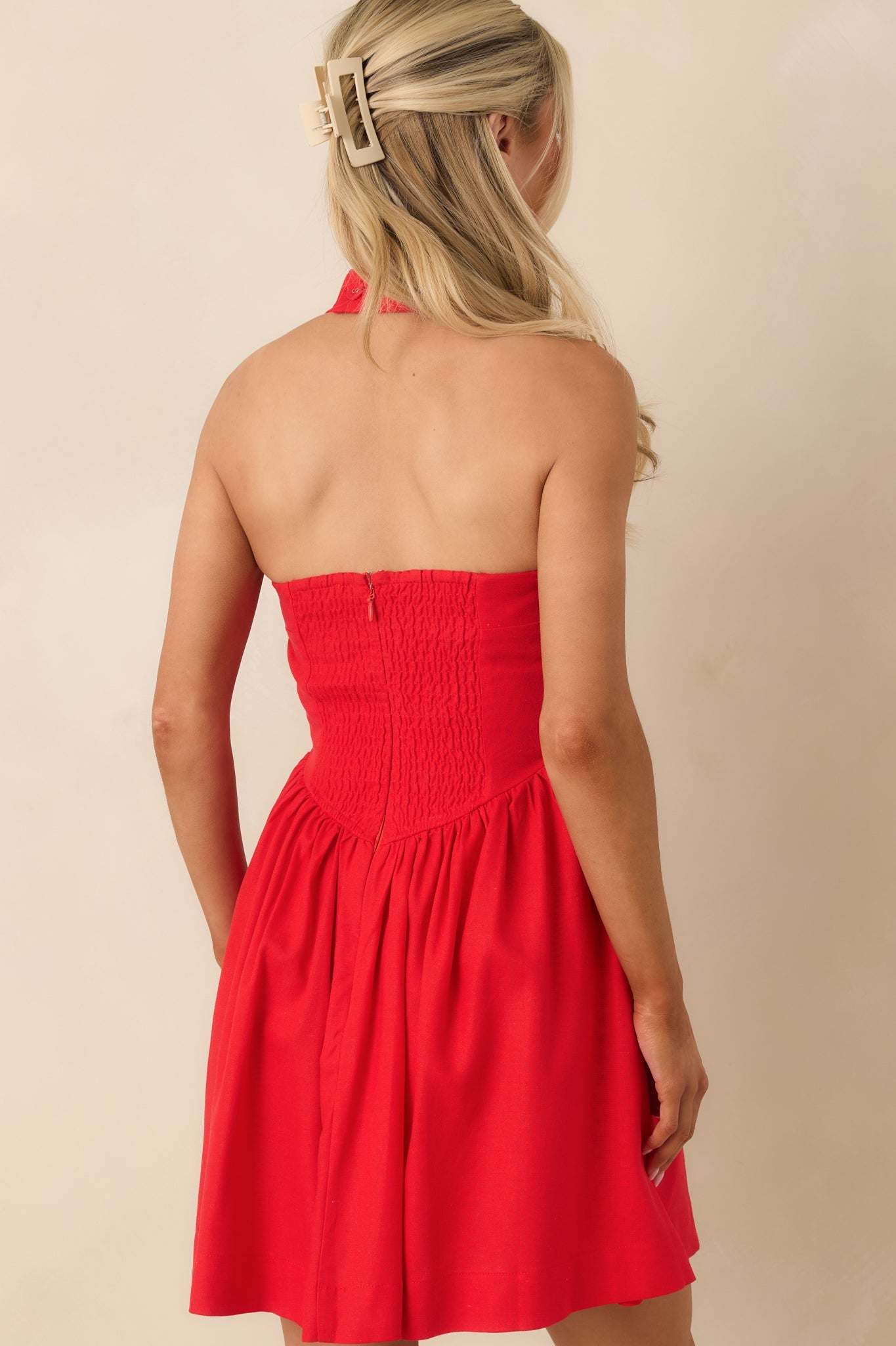 Turning Heads Red Button Down Halter Mini Dress