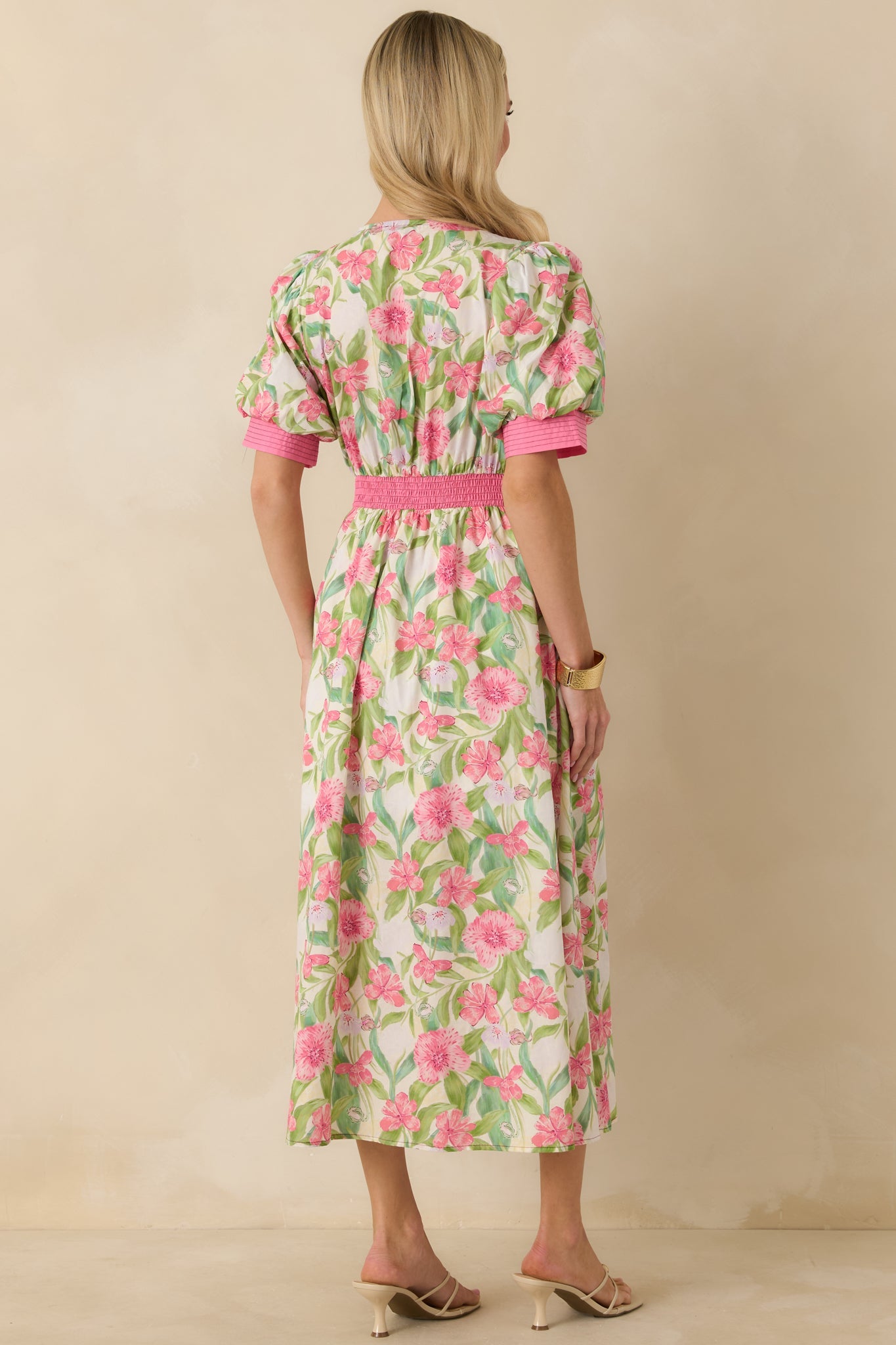 Color Me Floral Pink Multi Floral Print Cotton Zip Front Midi Dress