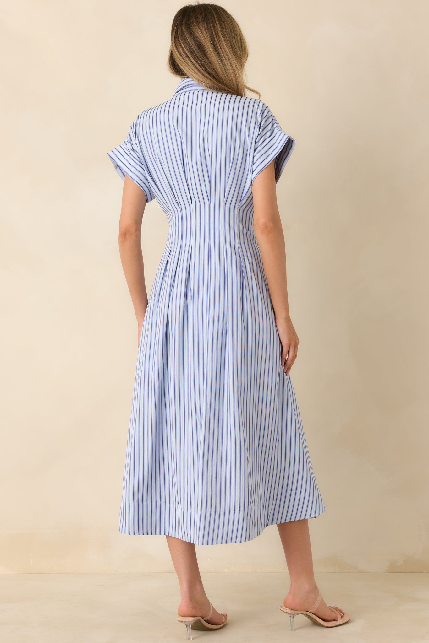 What's to Come Blue Stripe Belted Button Front Midi Dress