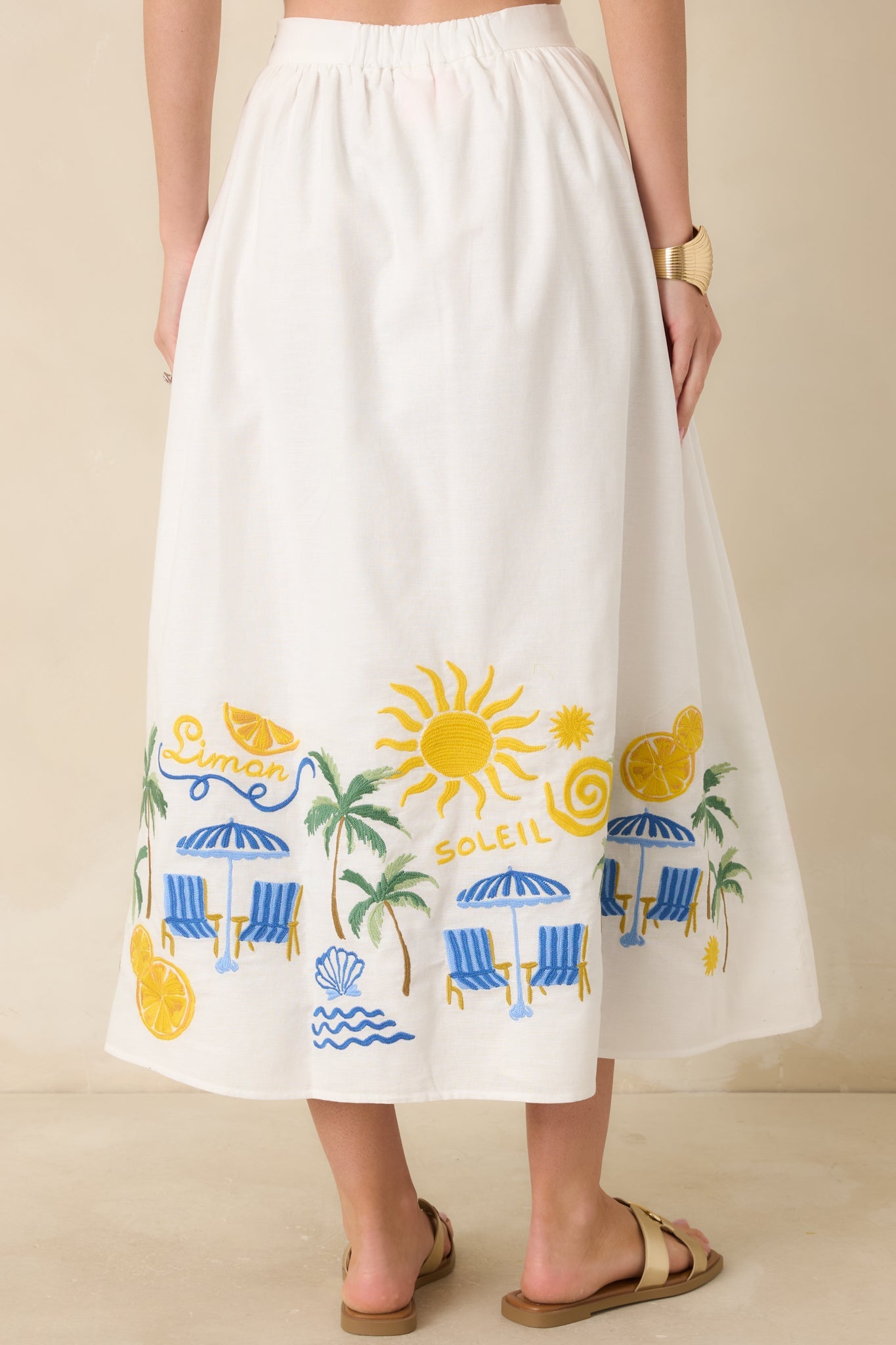 Paradisa Paradena White Multi Embroidered Cotton Blend Midi Skirt