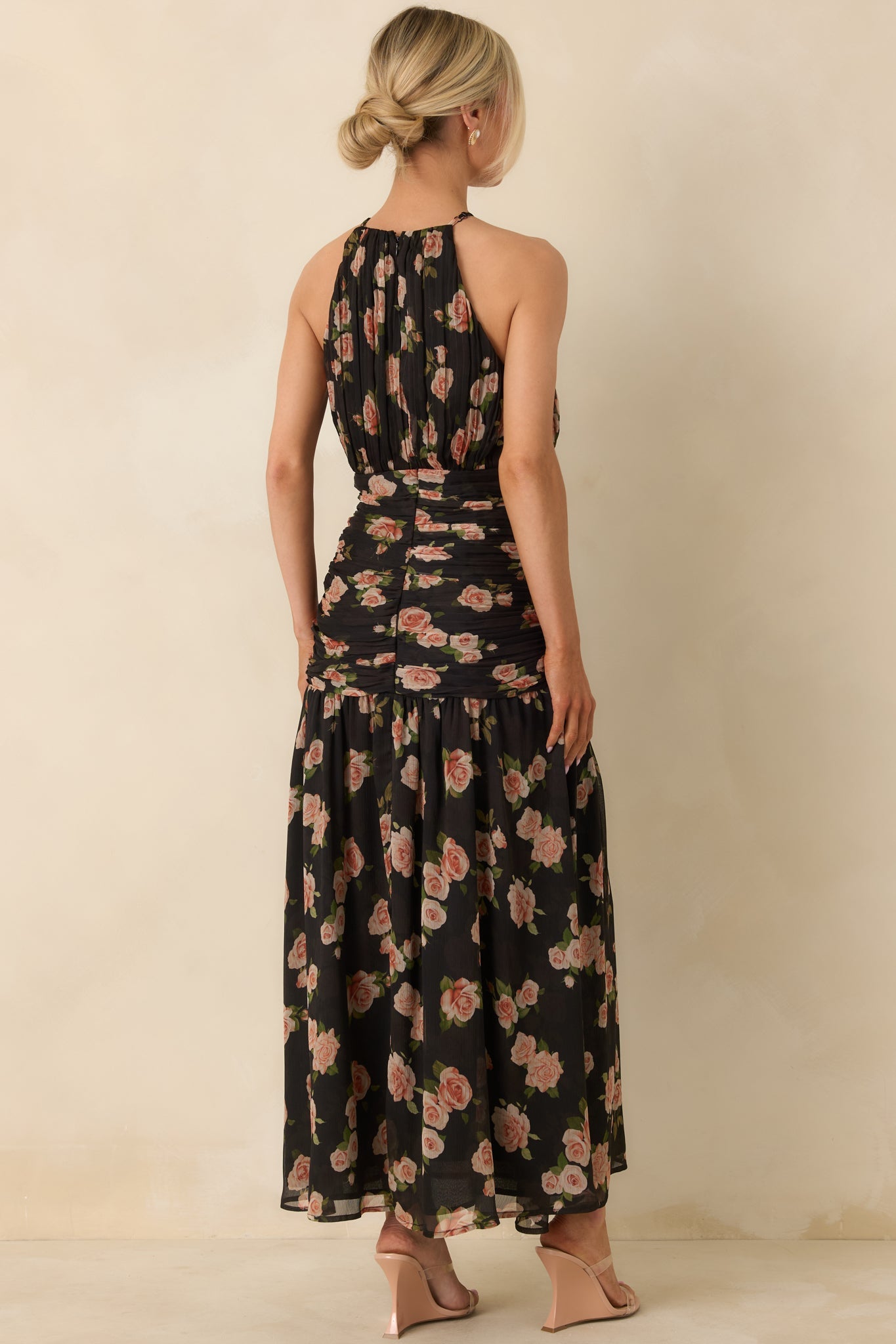 All This Charm Black Multi Floral Pattern Gathered Chiffon Halter Maxi Dress