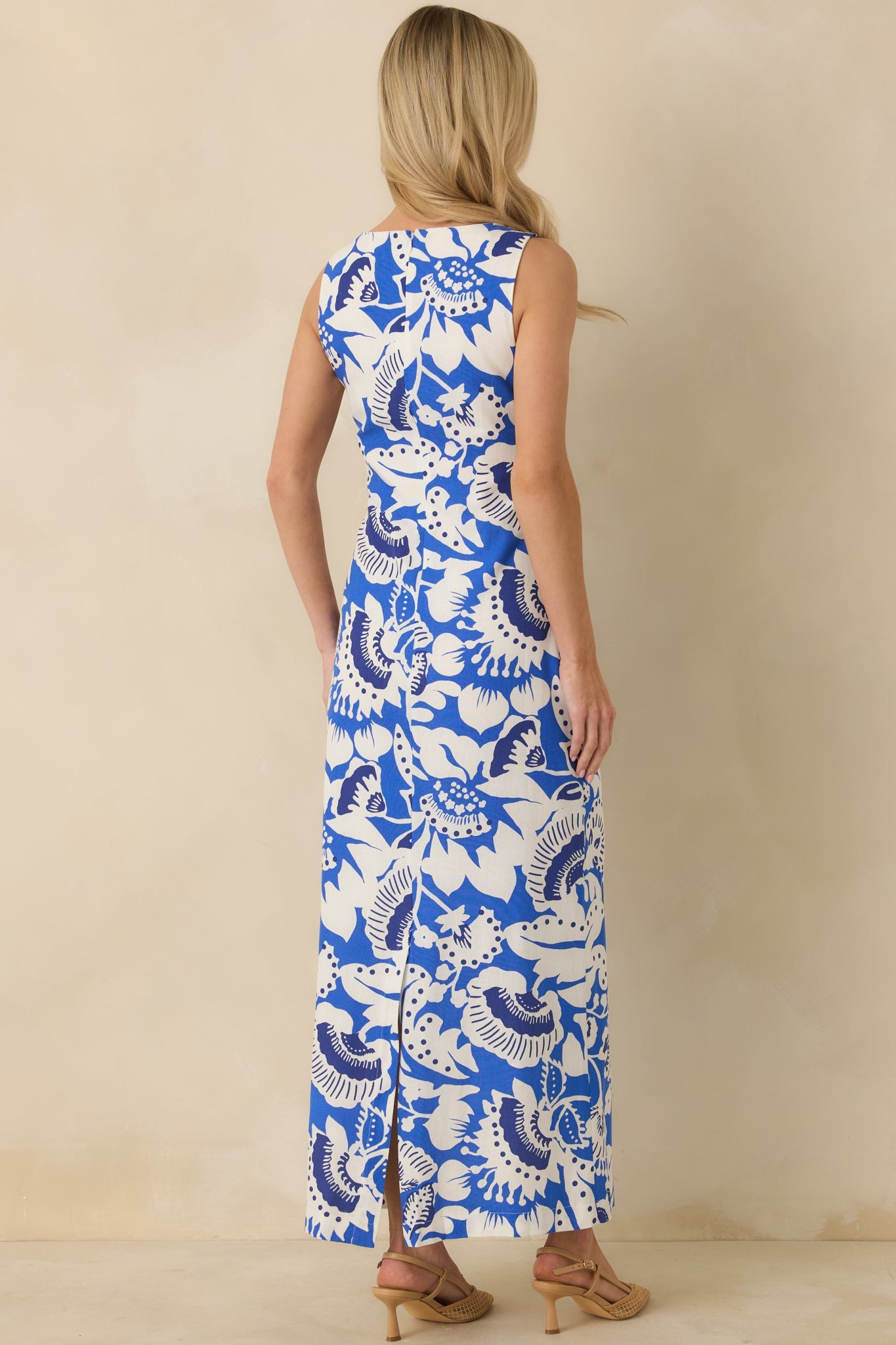 Along the Coast Blue & White Floral Pattern Linen Blend Sleeveless Maxi Dress