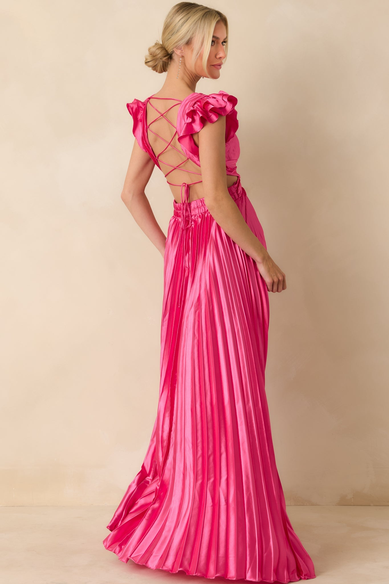 Let's Dance Hot Pink Pleated Satin Lace Back Maxi Dress