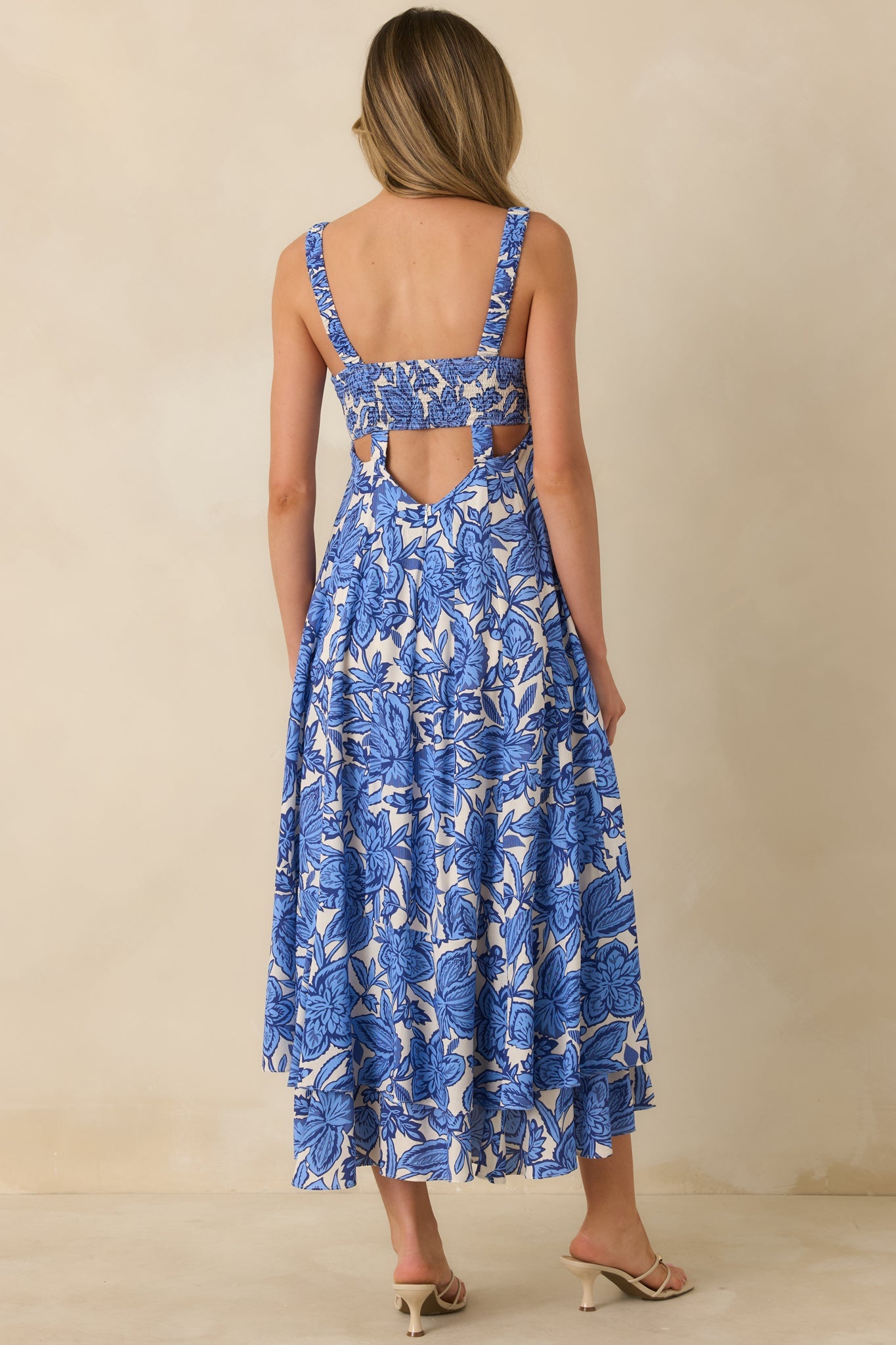 The Sweetest Season Blue Floral Tiered Open Back Midi Dress