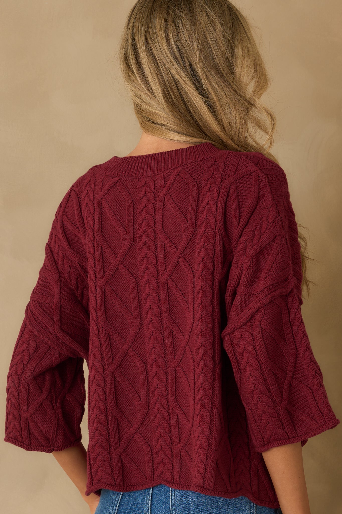 From The Start Burgundy Cable Knit Cotton Crew Neck Sweater