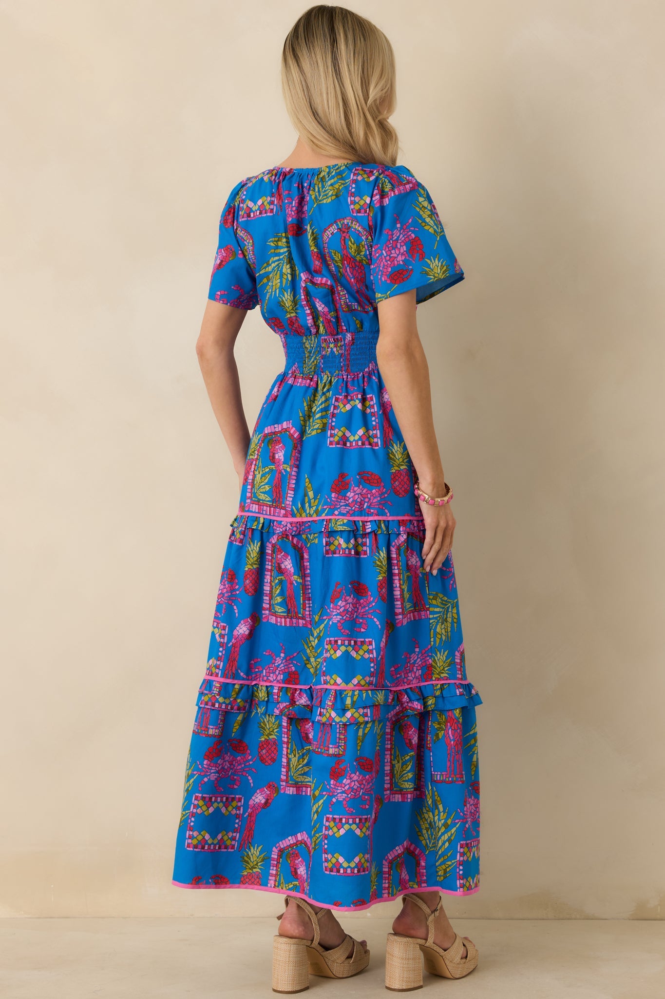 Postcards From Paradise Blue Multi Cotton Tropical Mosaic Print Tiered Maxi Dress