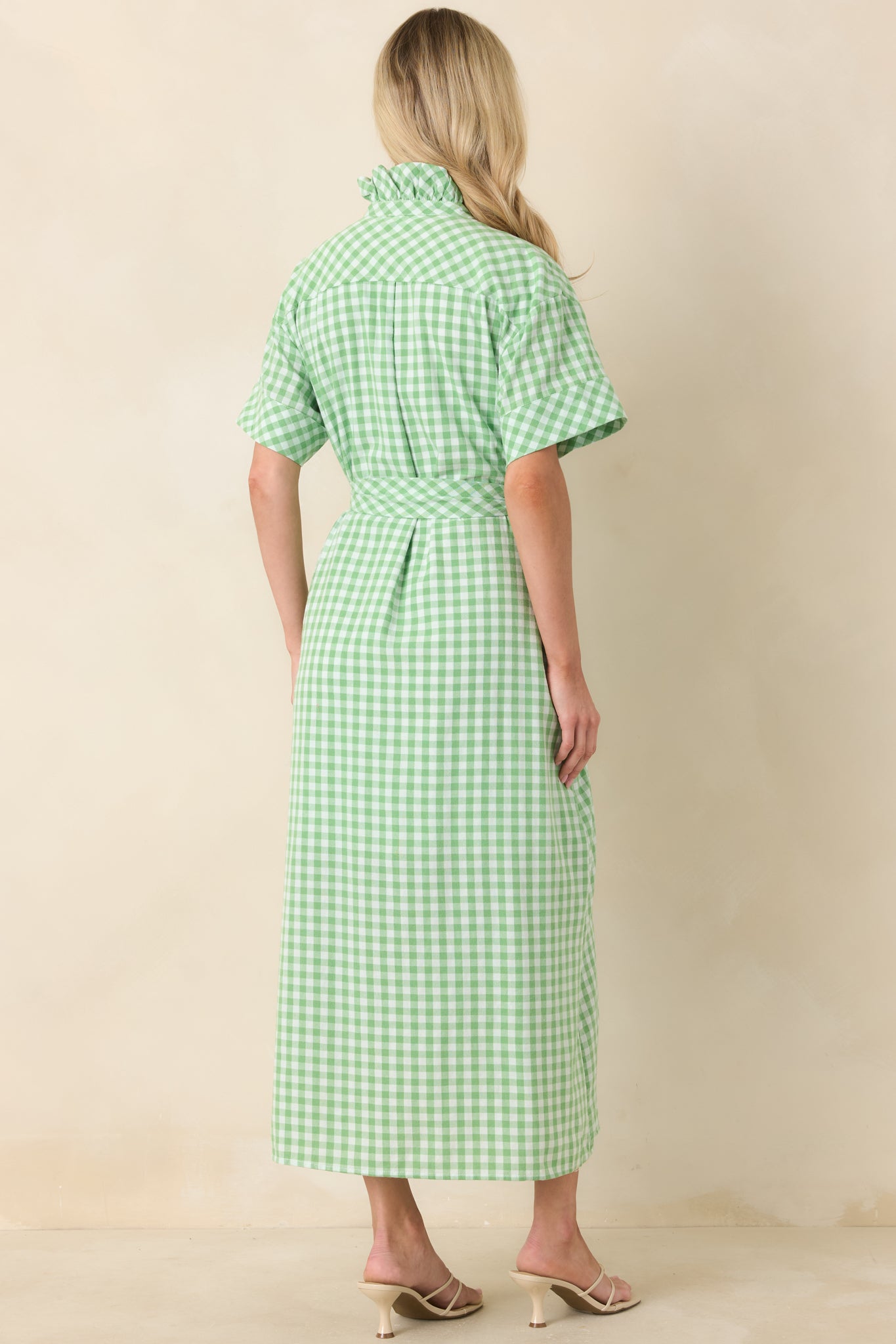 Check Me Out Green Gingham Ruffle Collar Belted Maxi Dress