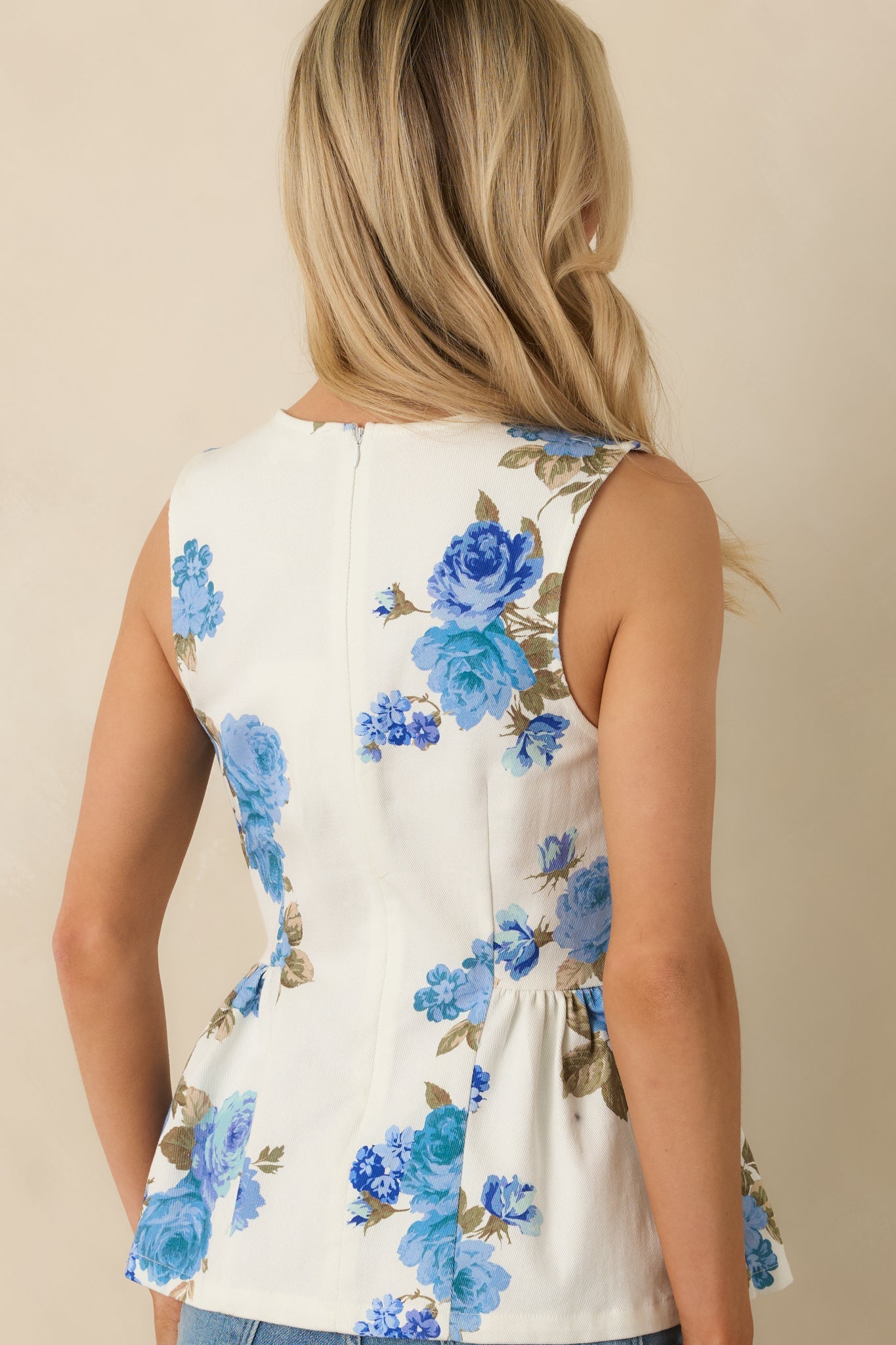 Grace in Motion Blue Floral Print Cotton Peplum Top
