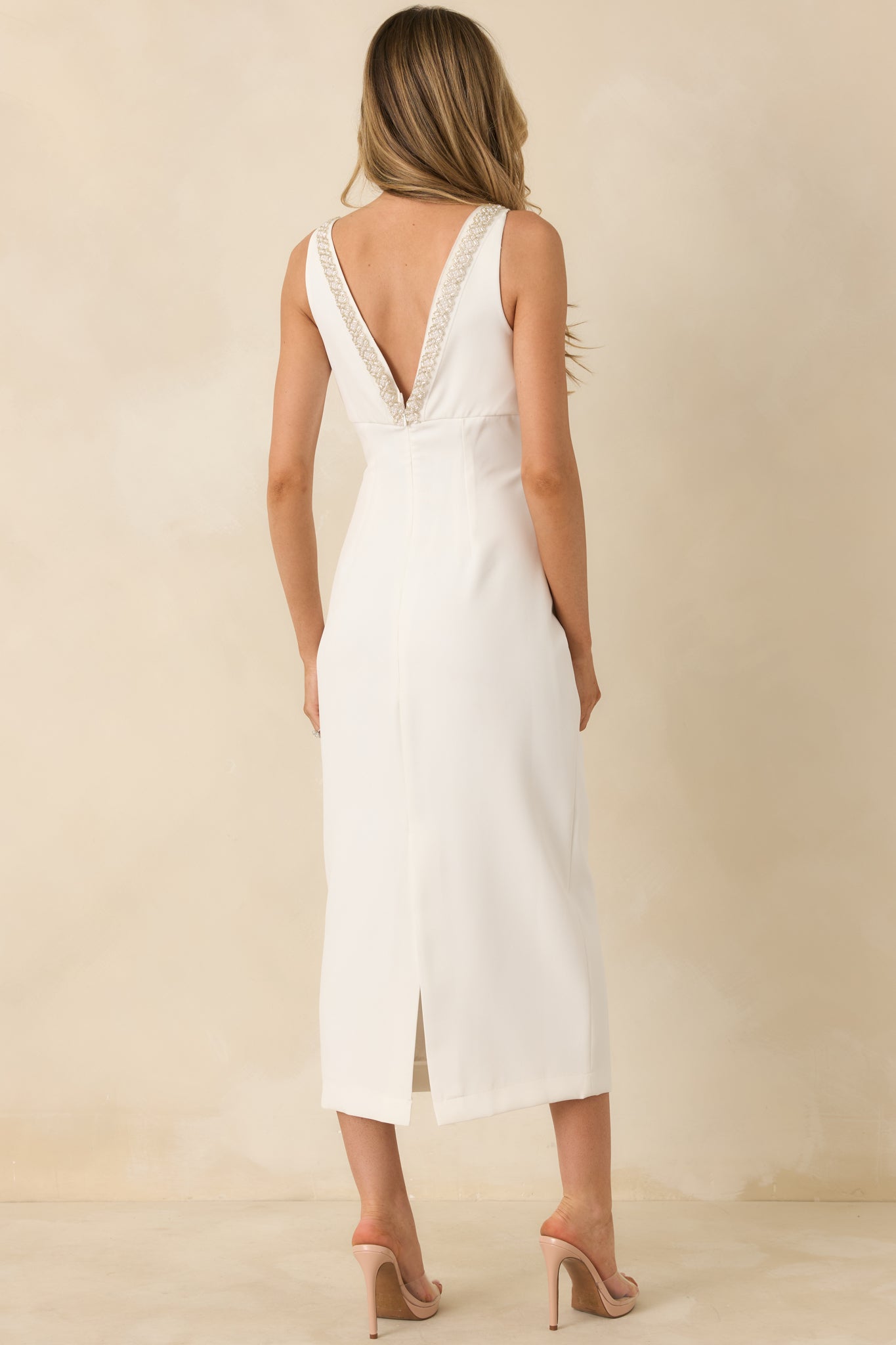 With You In Mind White Beaded V-Neck Midi Dress