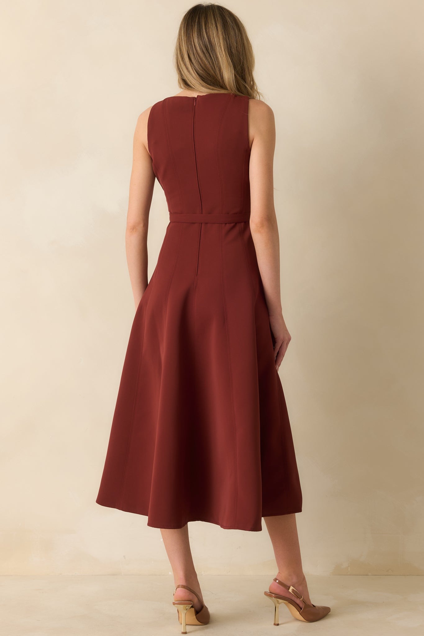 Timely Matter Dark Rust Red Belted Sleeveless Midi Dress