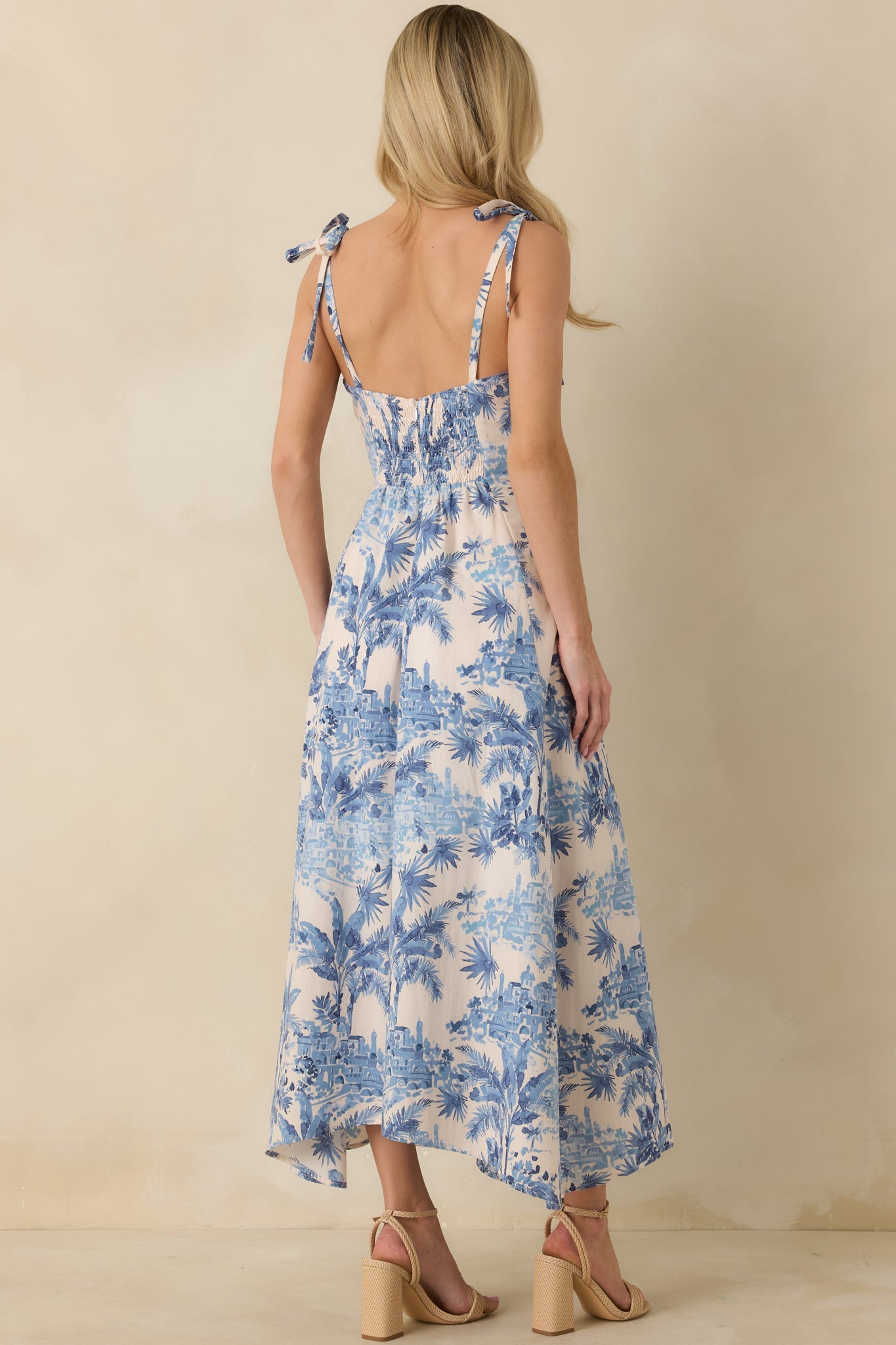 Santorini Sketch Blue Palm Print Tie Strap Maxi Dress