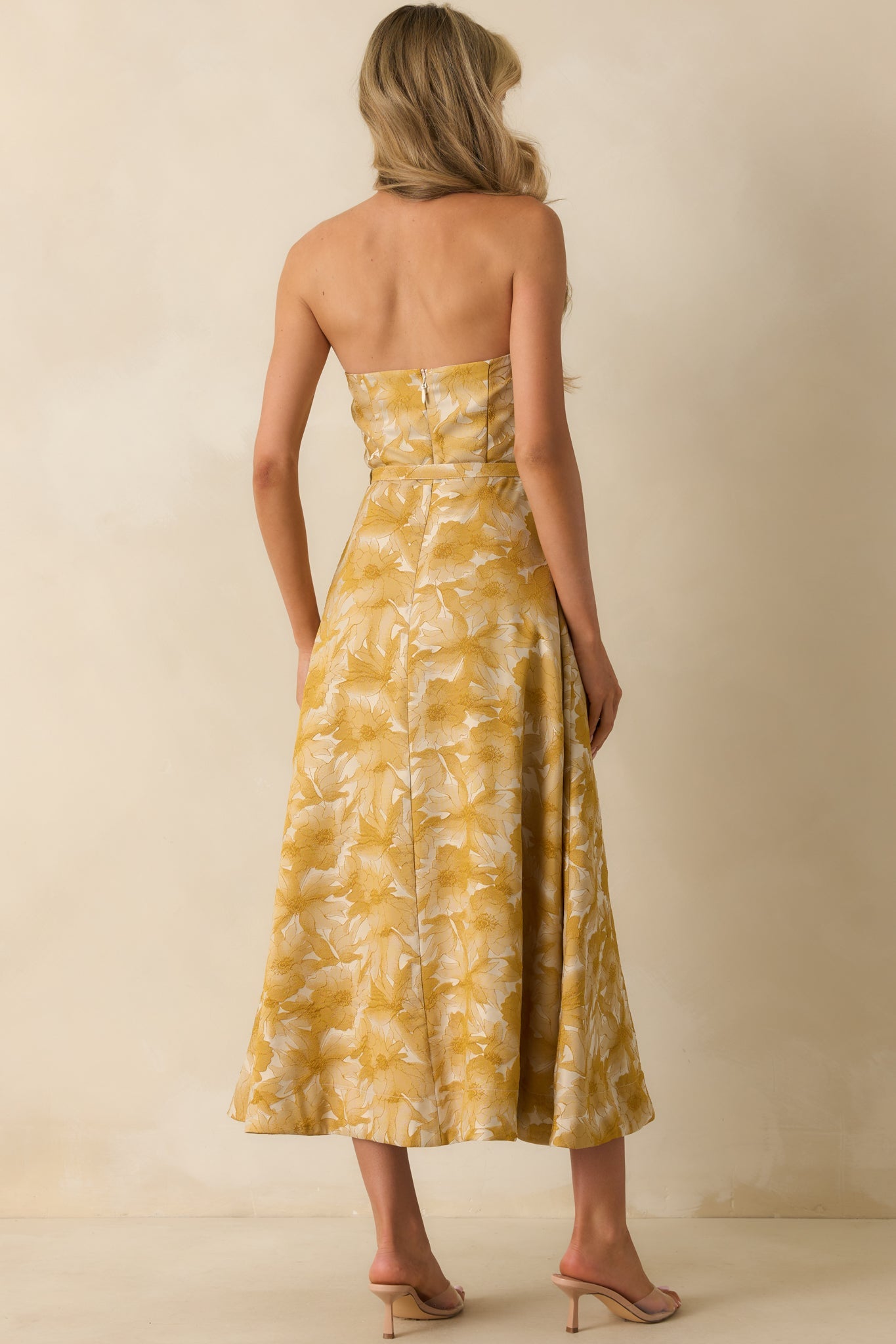 Perfectly Placed Yellow Gold Floral Jacquard Strapless Midi Dress