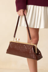 Good Call Chocolate Brown Croc Embossed Faux Leather Clutch Handbag