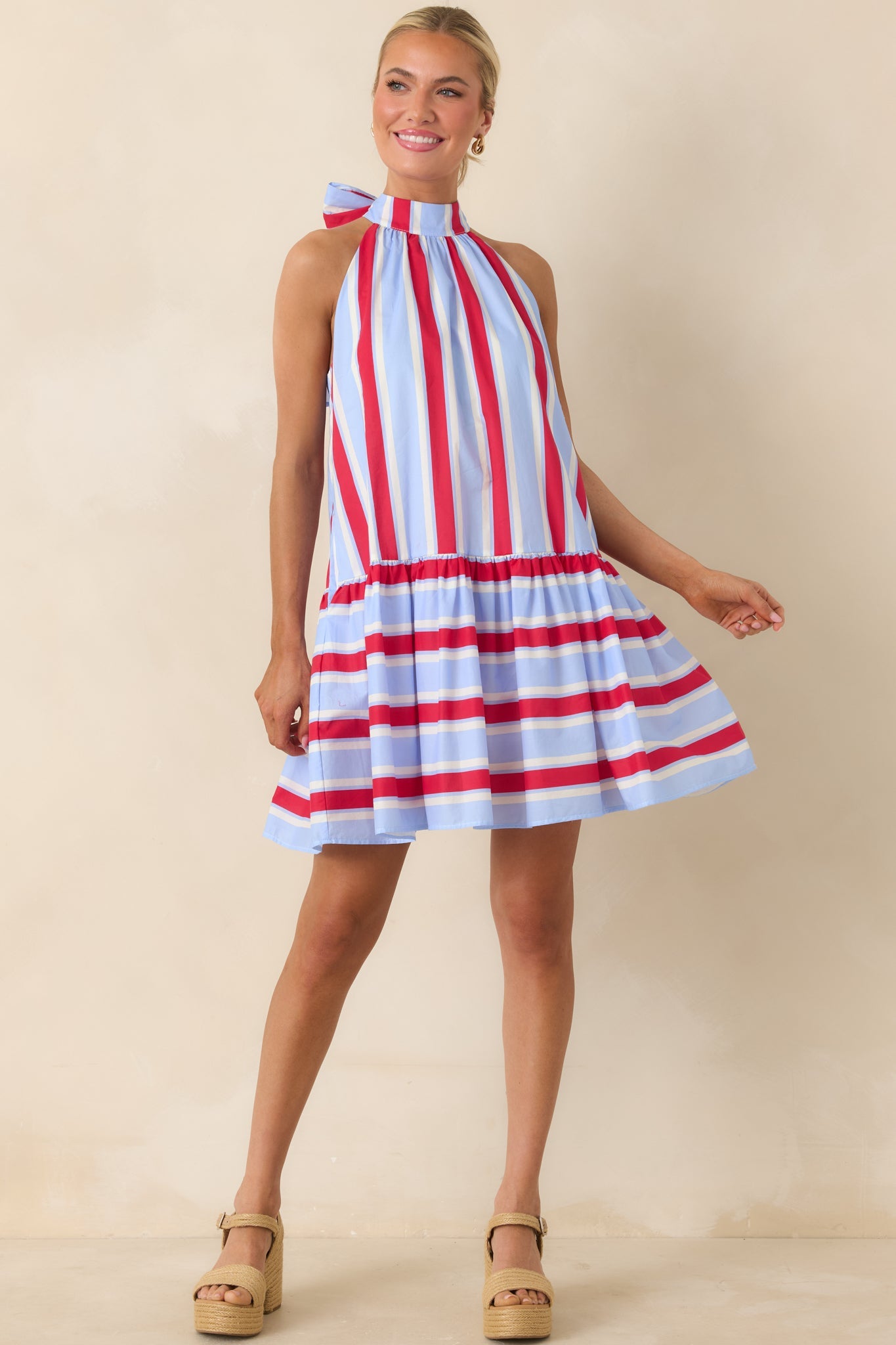 Made for Fireworks Red & Light Blue Stripe Cotton Halter Tiered Mini Dress