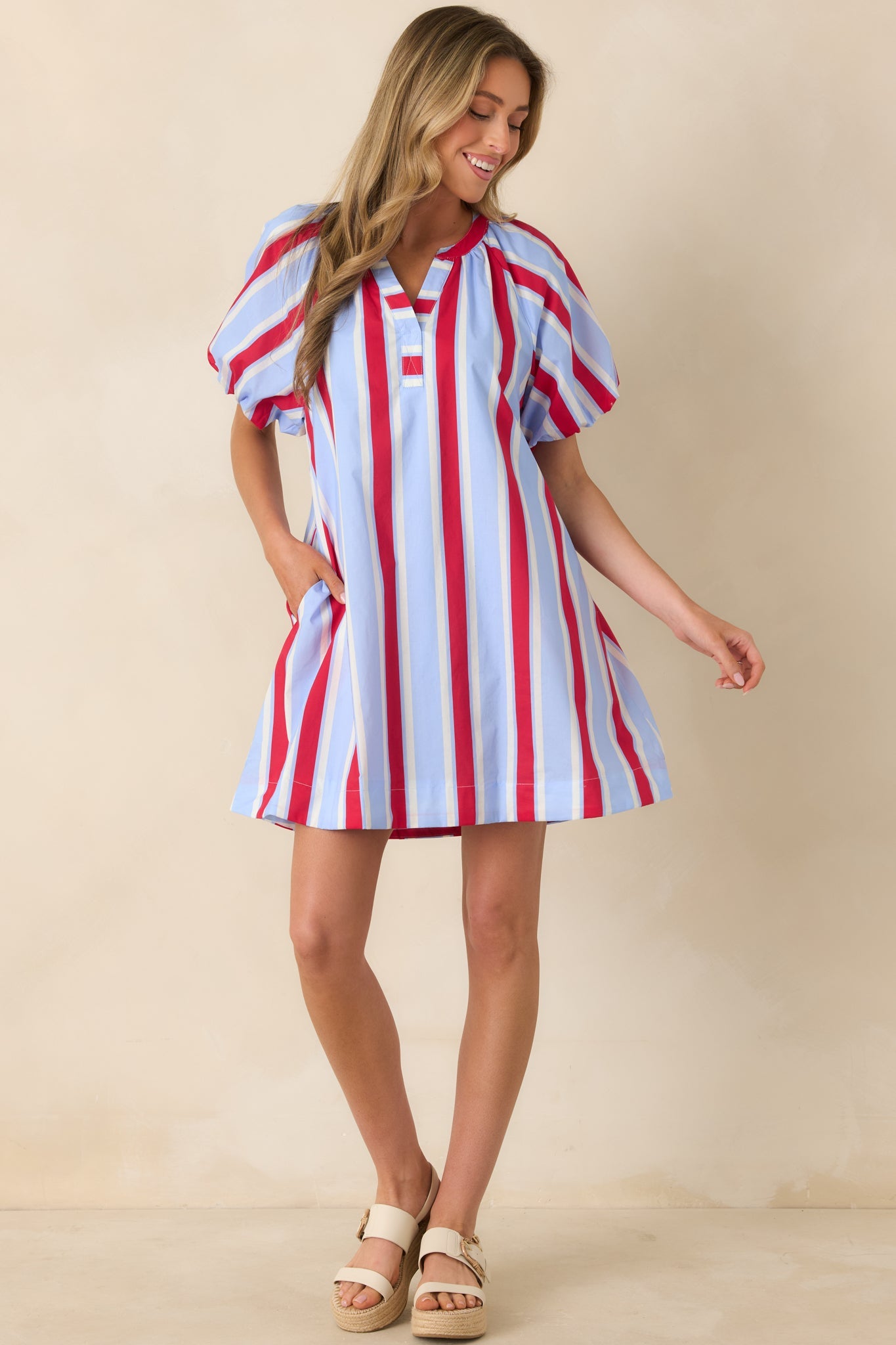 Sweet Summer State Red & Light Blue Stripe Cotton Puff Sleeve Mini Dress