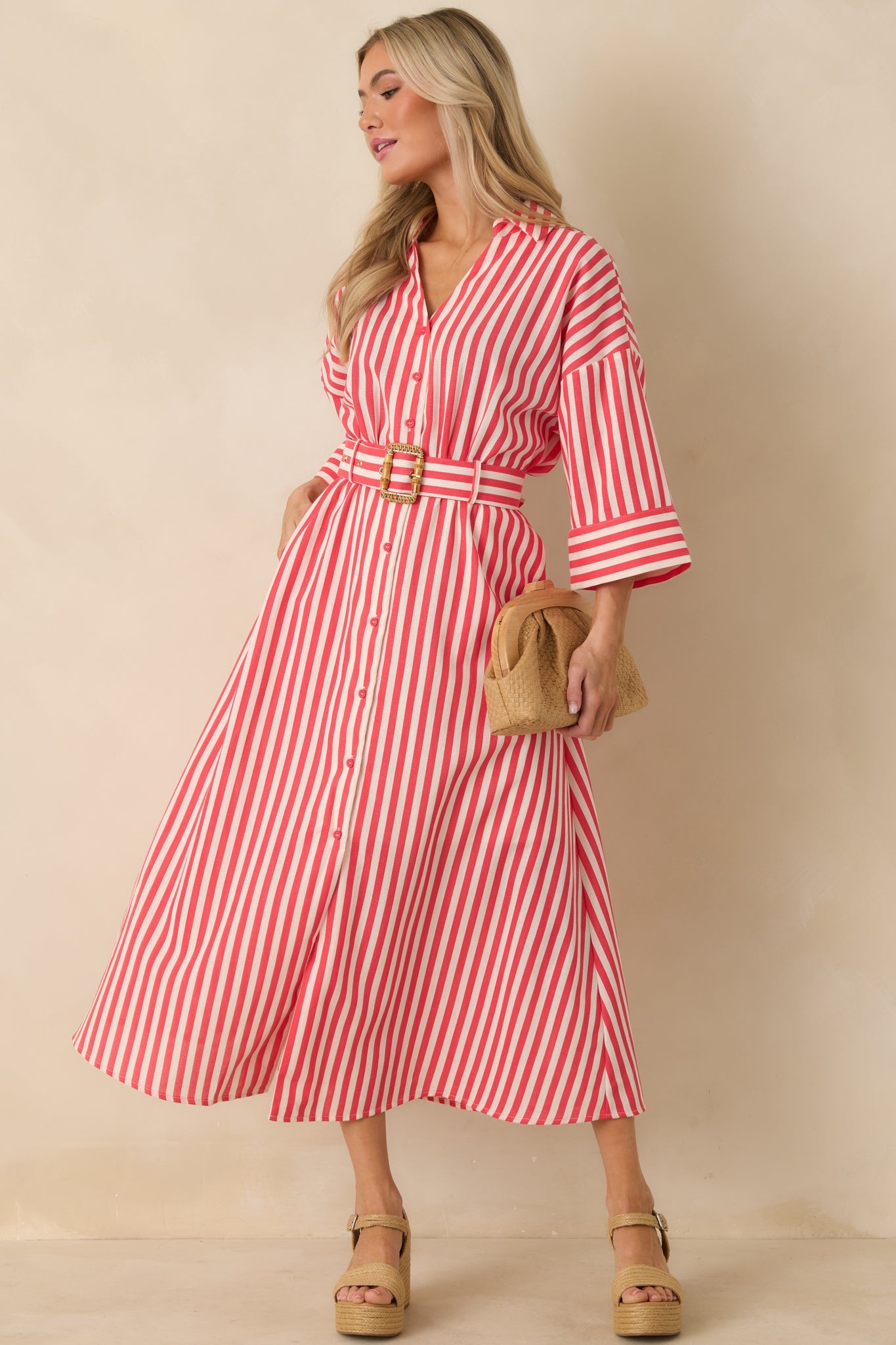 Lighthearted Days Red Stripe Belted Button Front Maxi Shirt Dress