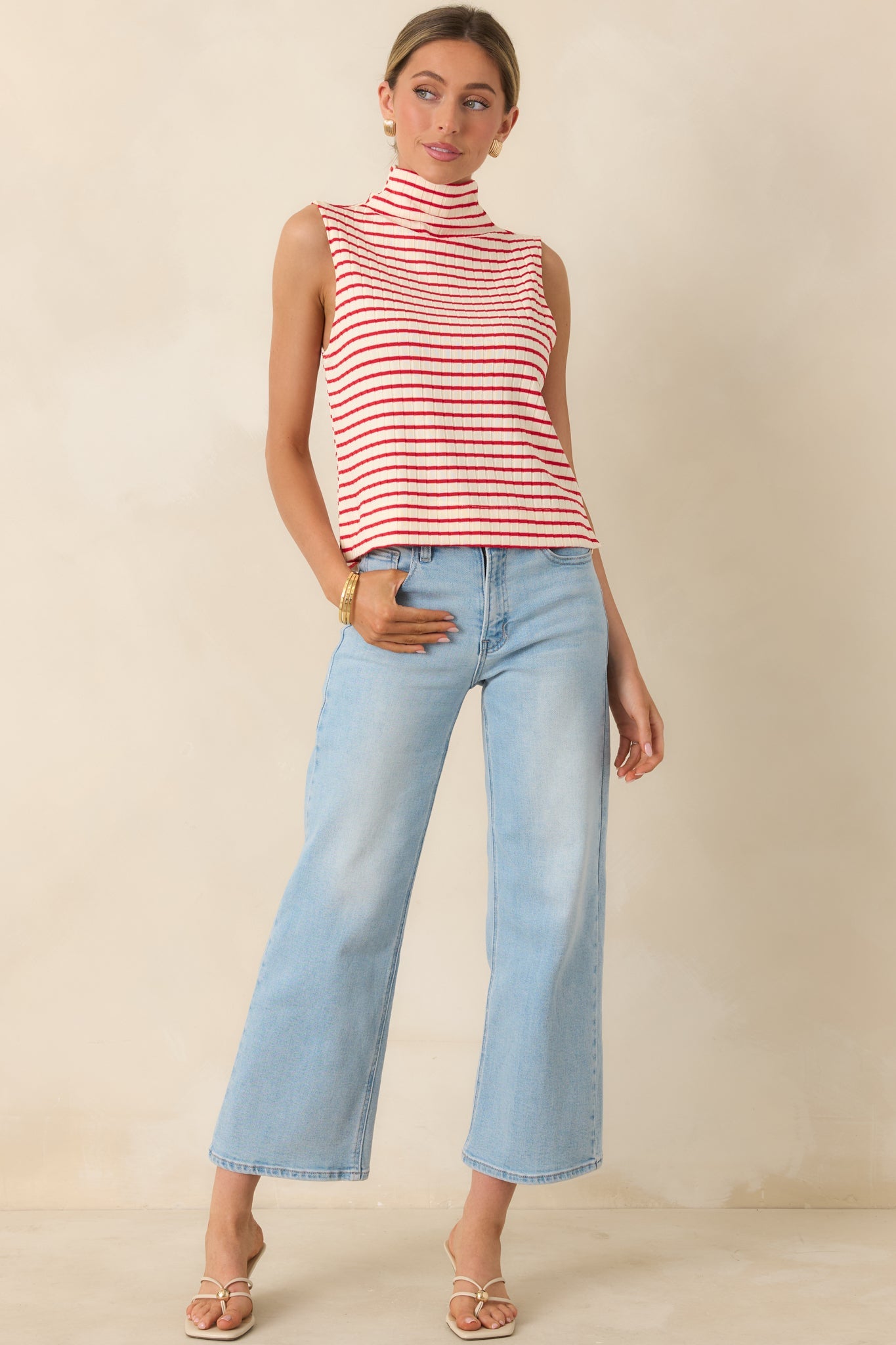 Keep It In Line Red Stripe Mockneck Sleeveless Top