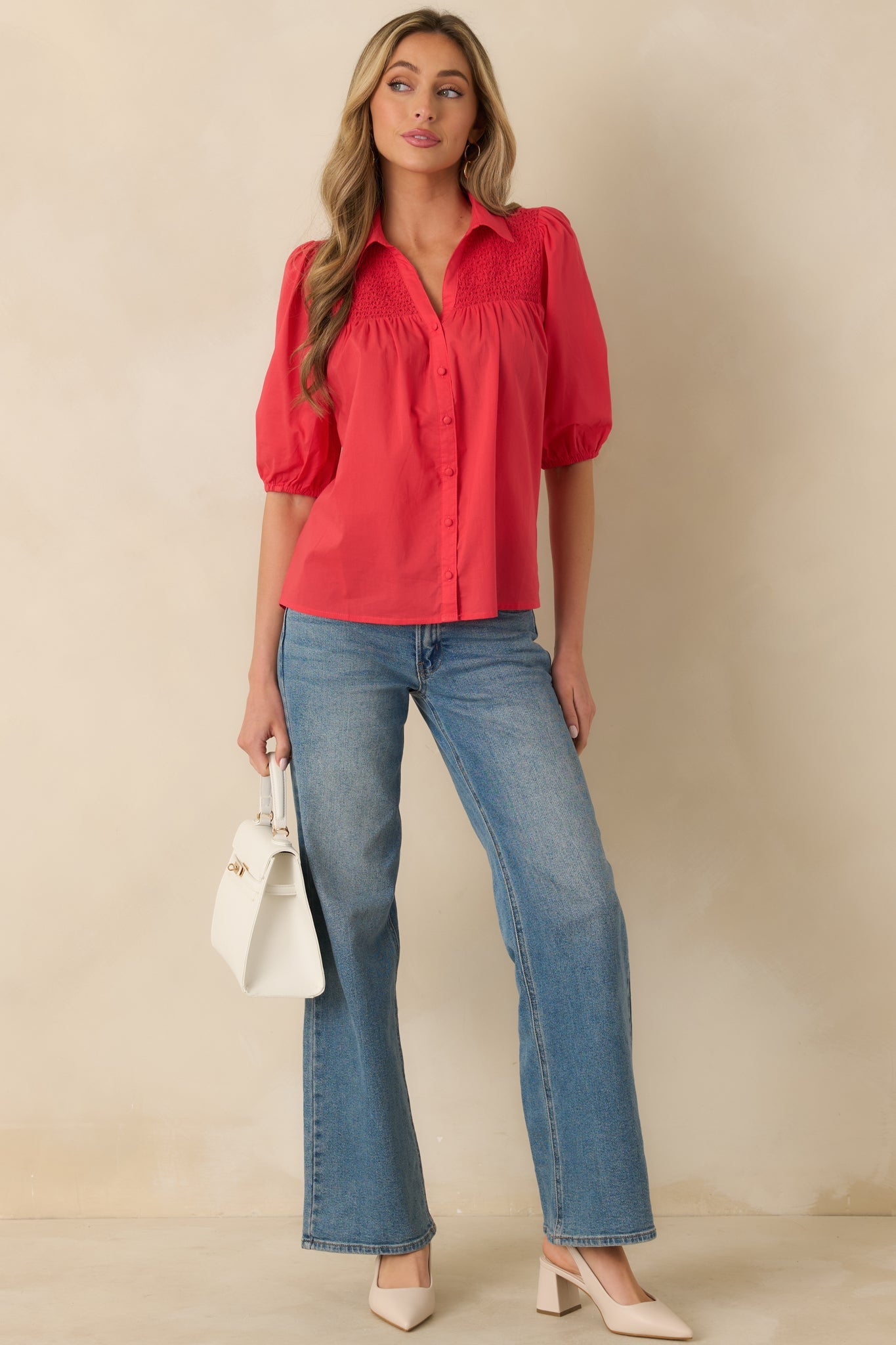 Precious As You Watermelon Red Cotton Puff Sleeve Smocked Button Up Blouse