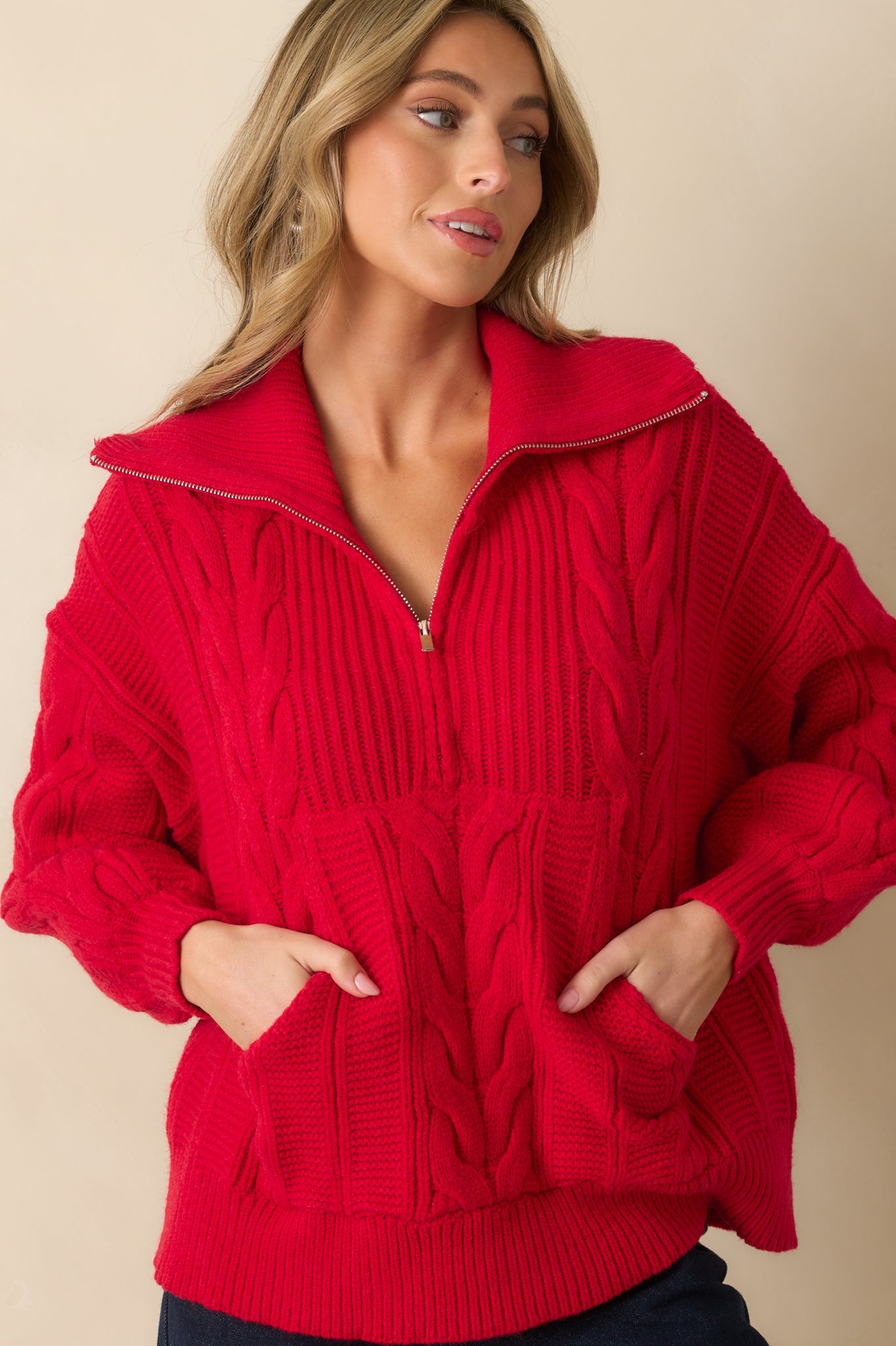 Day After Day Red Cable Knit Quarter Zip Pullover Sweater