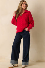 Day After Day Red Cable Knit Quarter Zip Pullover Sweater
