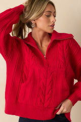 Day After Day Red Cable Knit Quarter Zip Pullover Sweater
