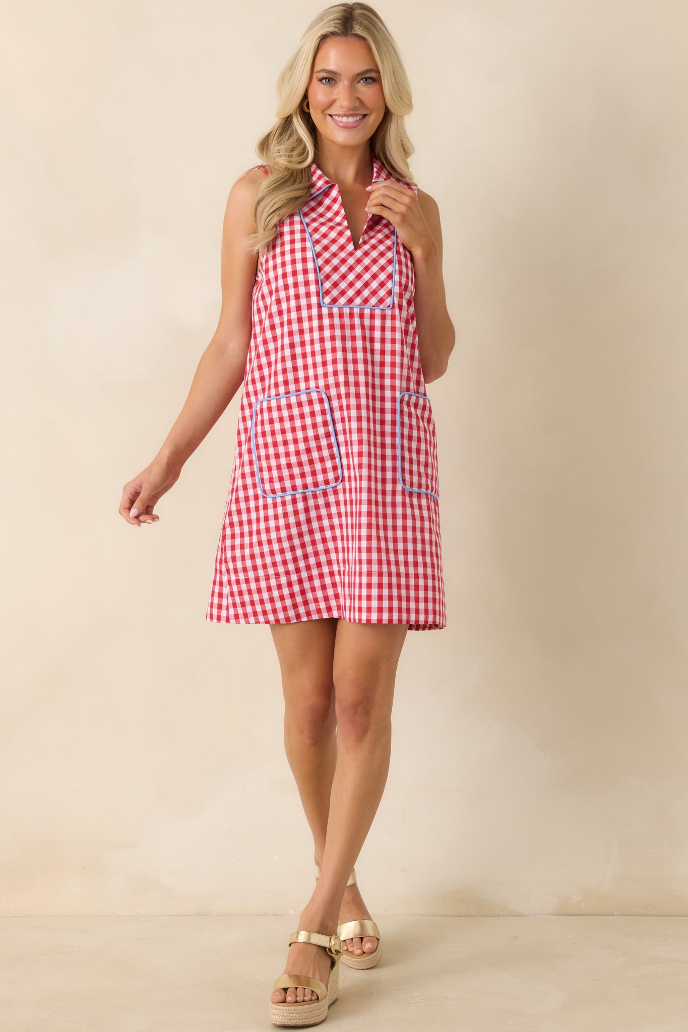 Summer Side Dish Red Gingham Cotton Mini Shift Dress