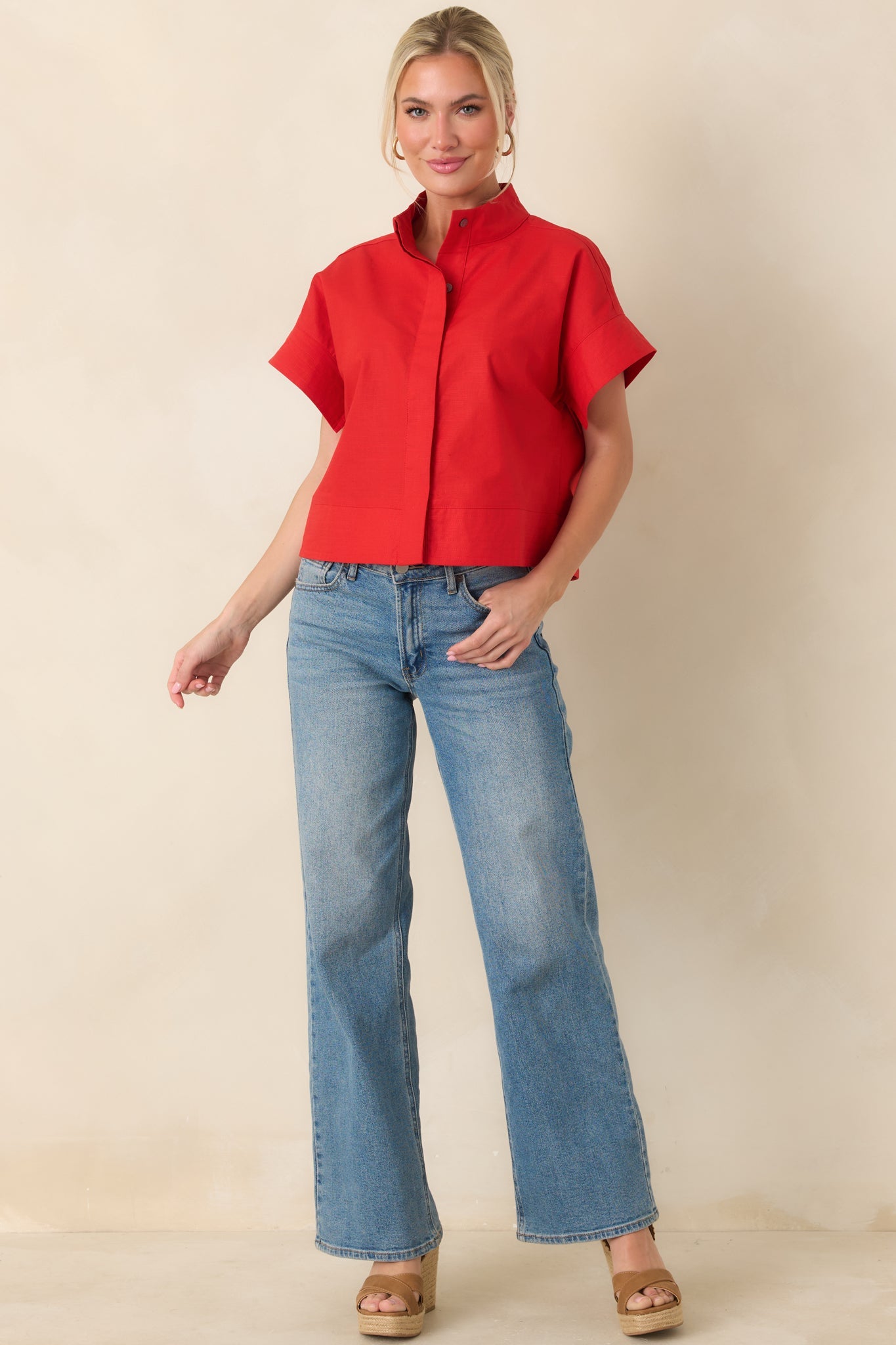 Pretty In Power Red Cotton Linen Button-Front Mock Neck Top