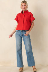 Pretty In Power Red Cotton Linen Button-Front Mock Neck Top