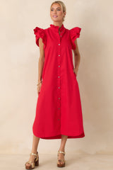 Exactly As Planned Red Cotton Ruffle Button Front Midi Dress