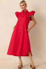Exactly As Planned Red Cotton Ruffle Button Front Midi Dress