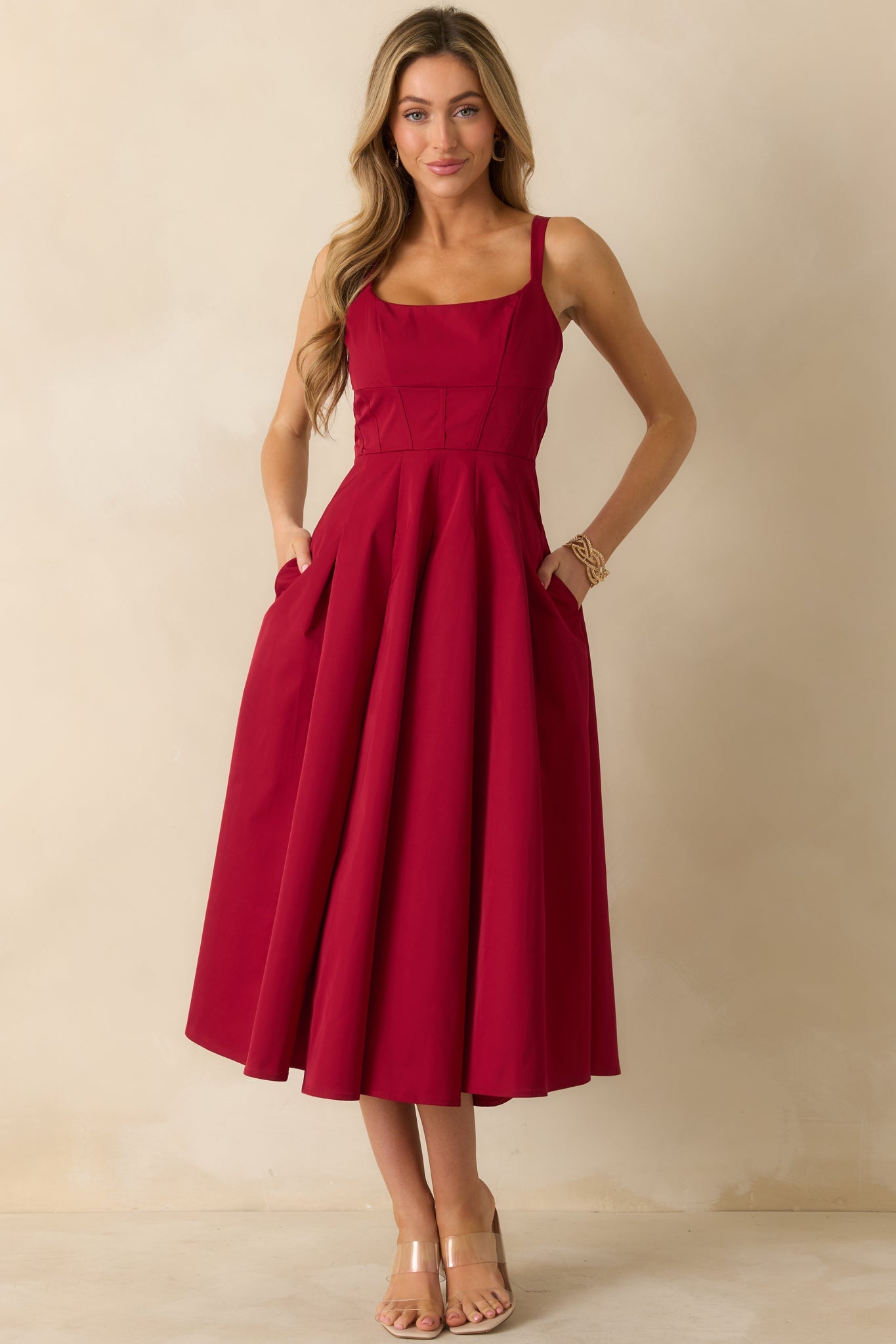 The Spotlight Is Yours Red Pleated Midi Dress
