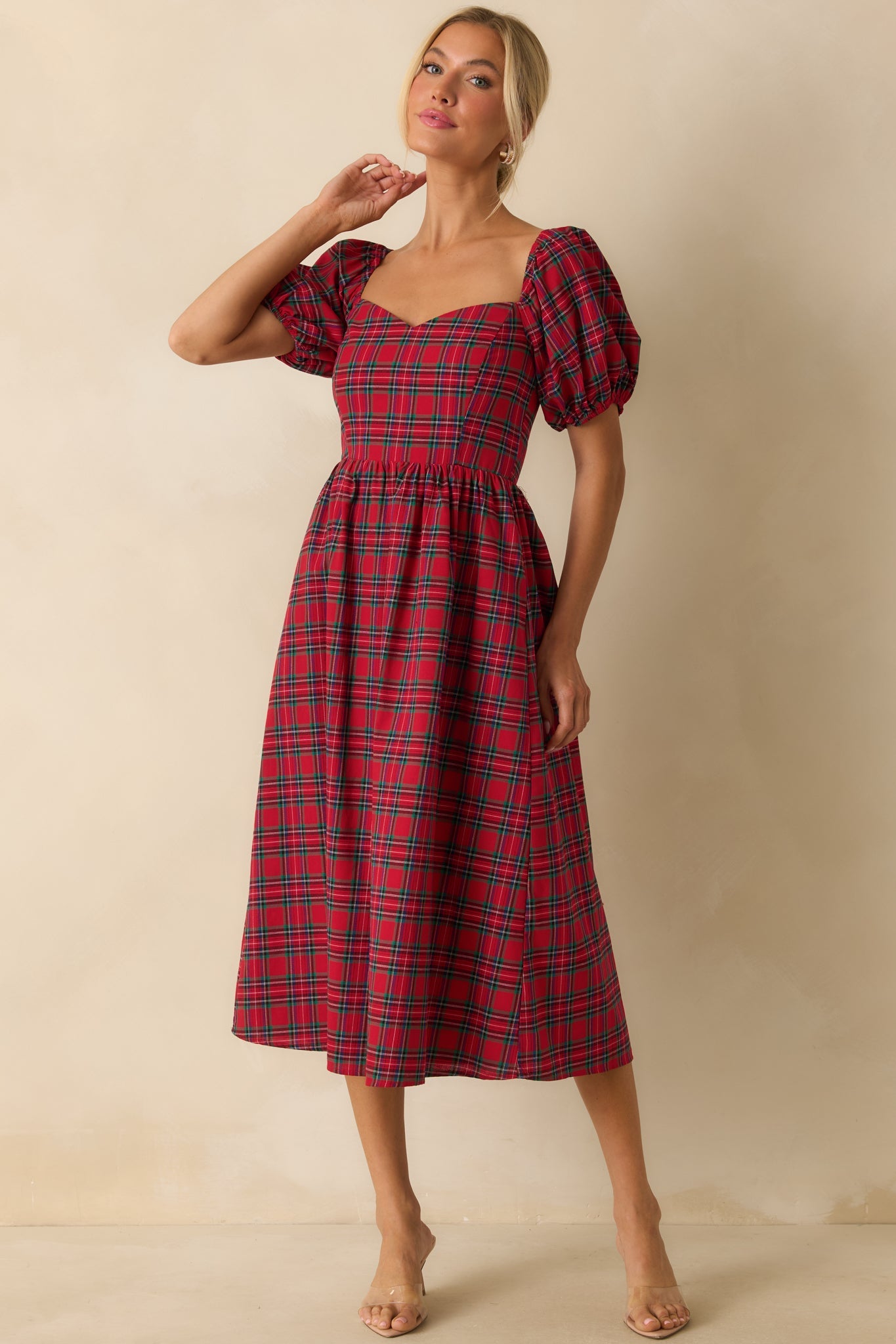 Always You Cotton Red Plaid Puff Sleeve Midi Dress