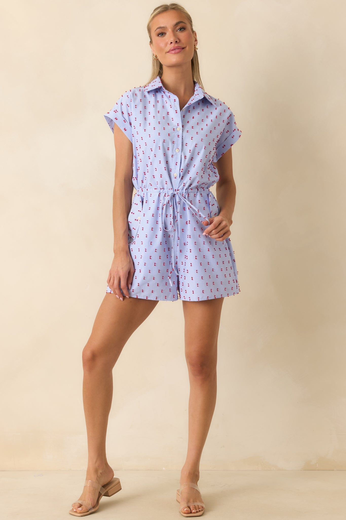 Prosperina Aubrey Blue Gingham Embroidered Romper
