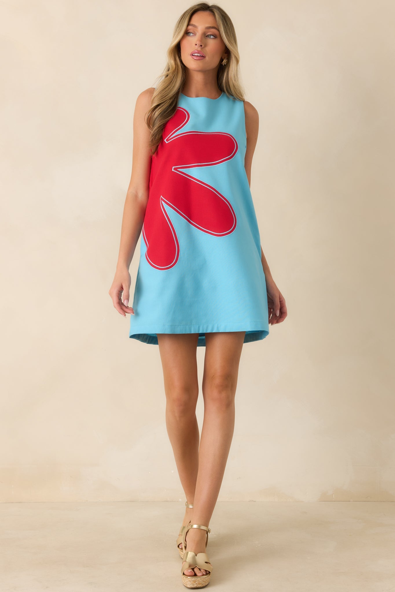 Mood Booster Light Blue & Red Appliqué Mini Shift Dress