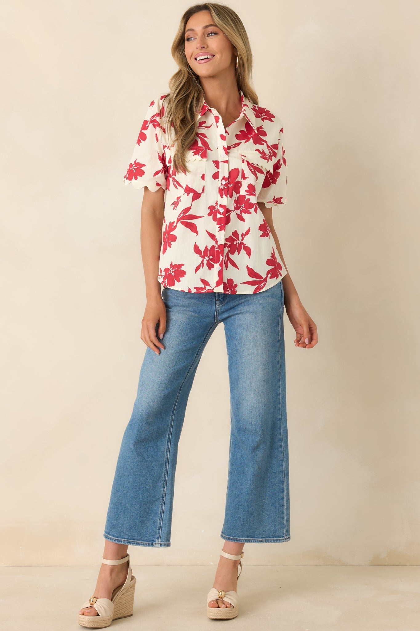 Feeling Fabulous Ivory & Red Floral Cotton Button Front Top