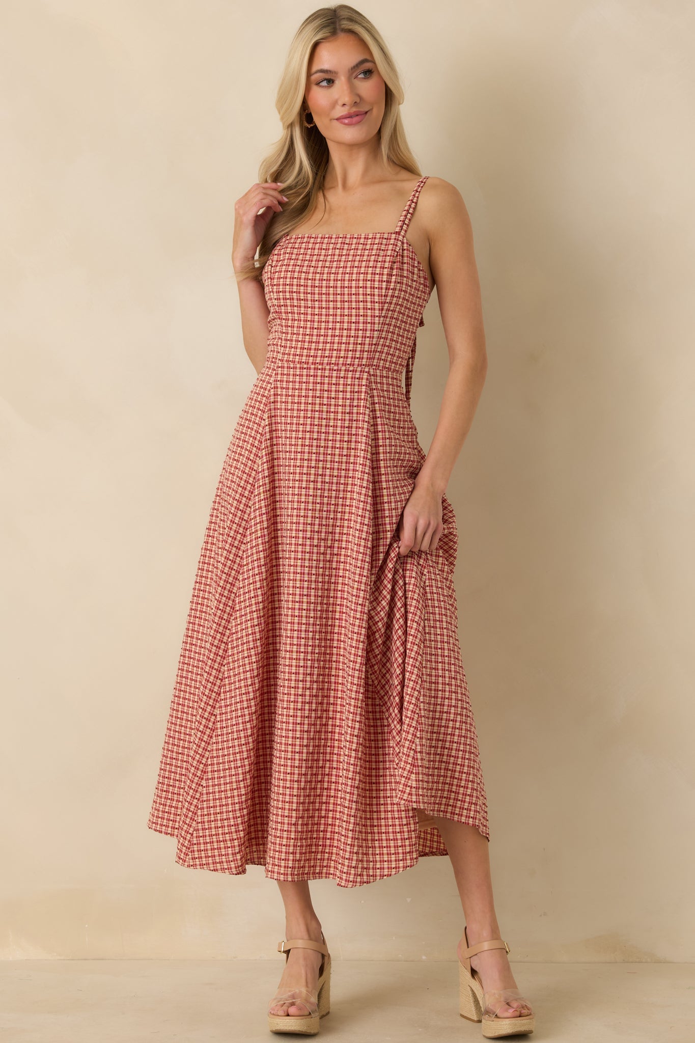 So Much To Say Red Gingham Polka Dot Sleeveless Maxi Dress