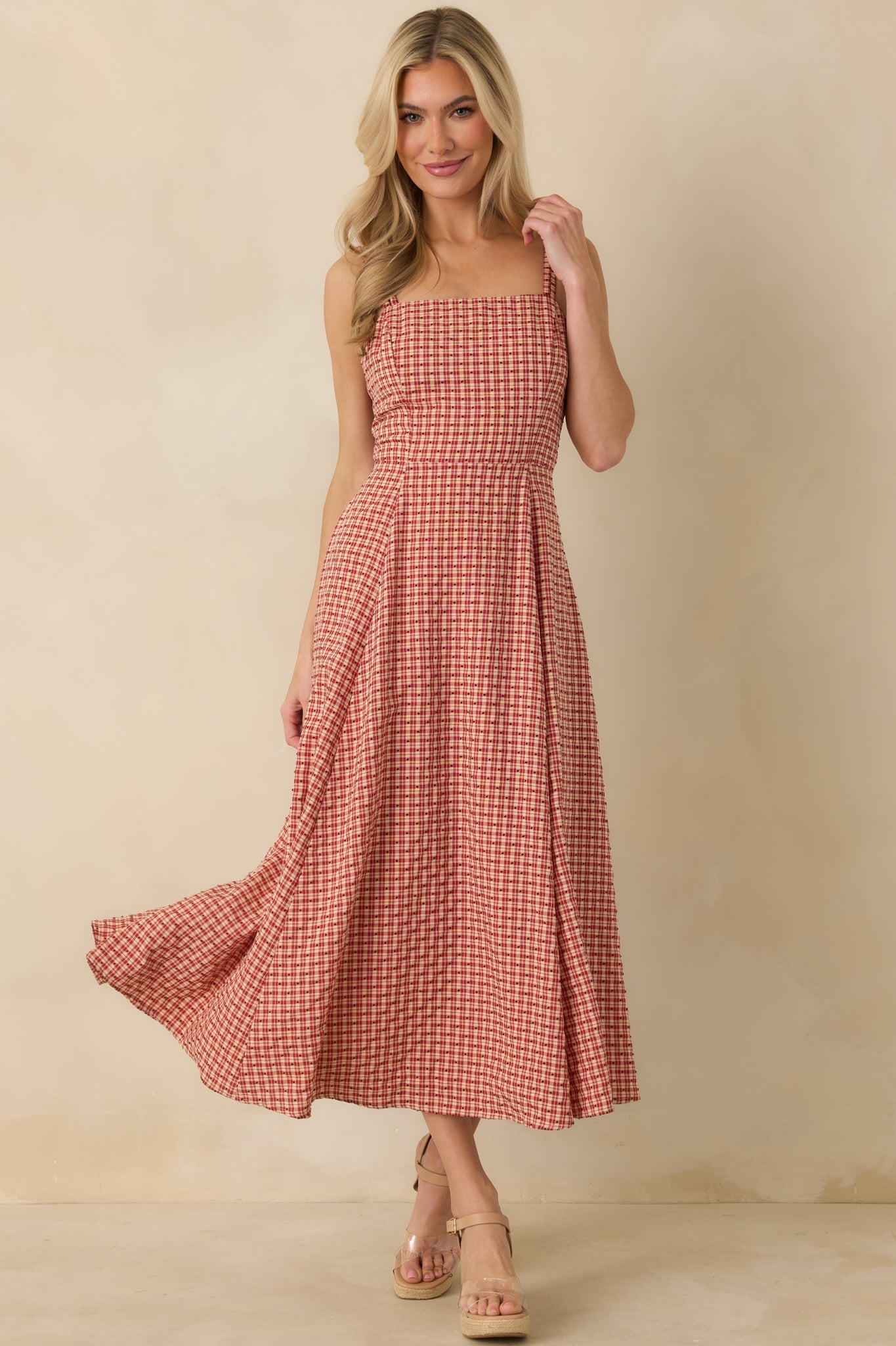 So Much To Say Red Gingham Polka Dot Sleeveless Maxi Dress
